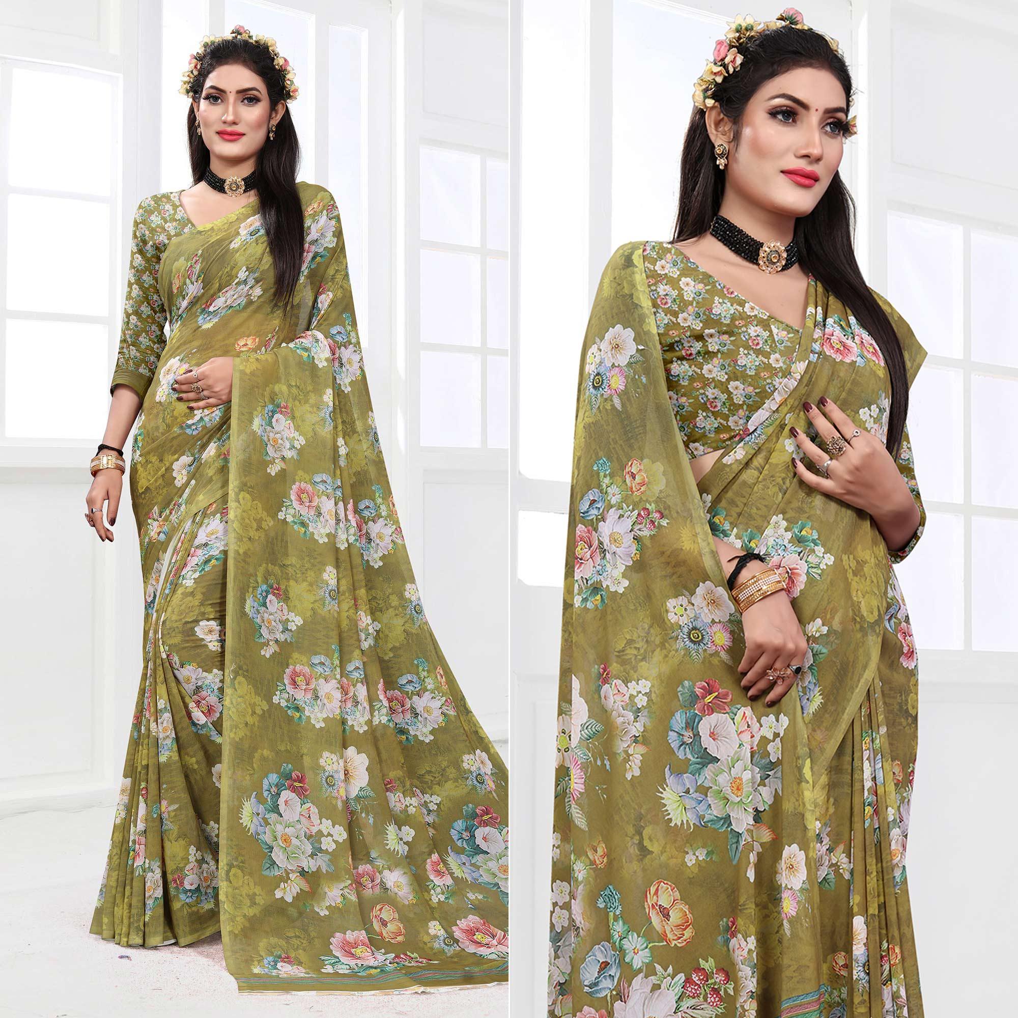 Green Casual Wear Floral Printed Georgette Saree - Peachmode