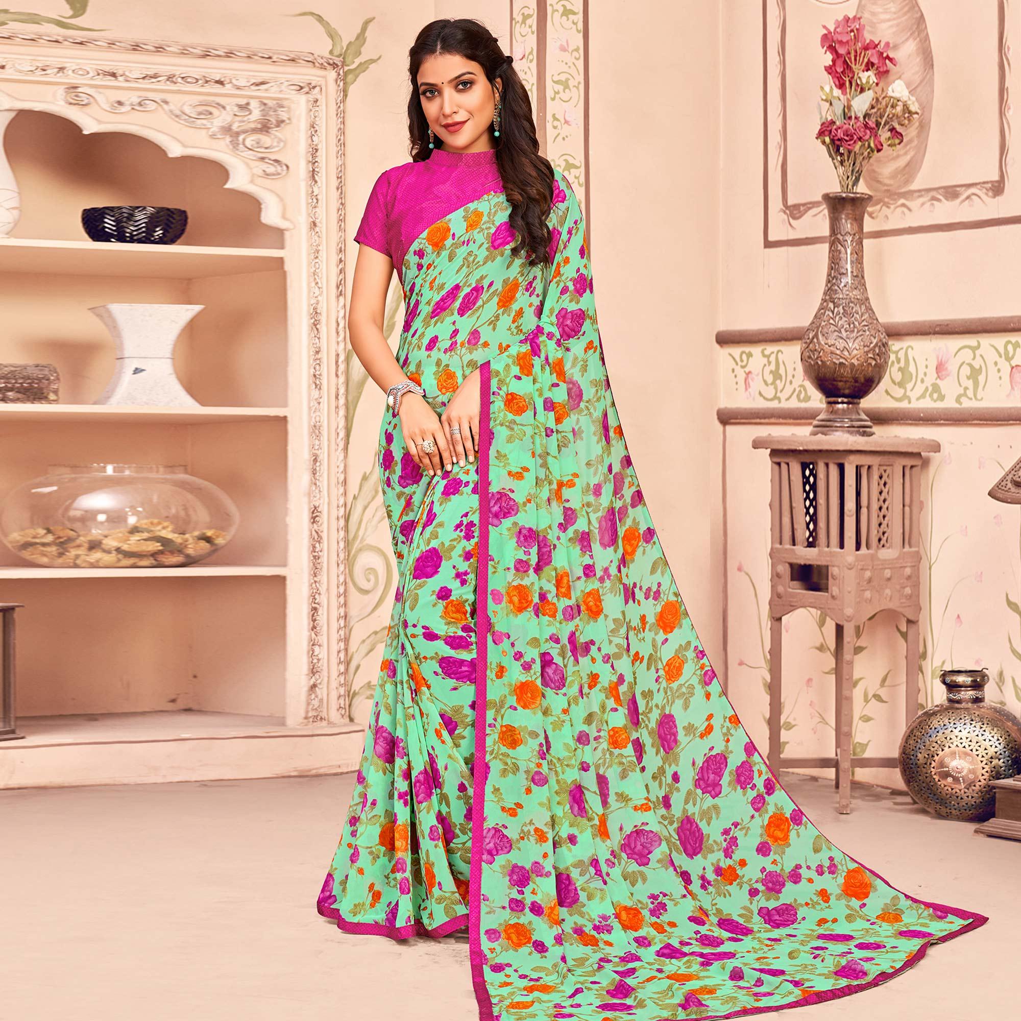 Green Casual Wear Floral Printed Georgette Saree - Peachmode