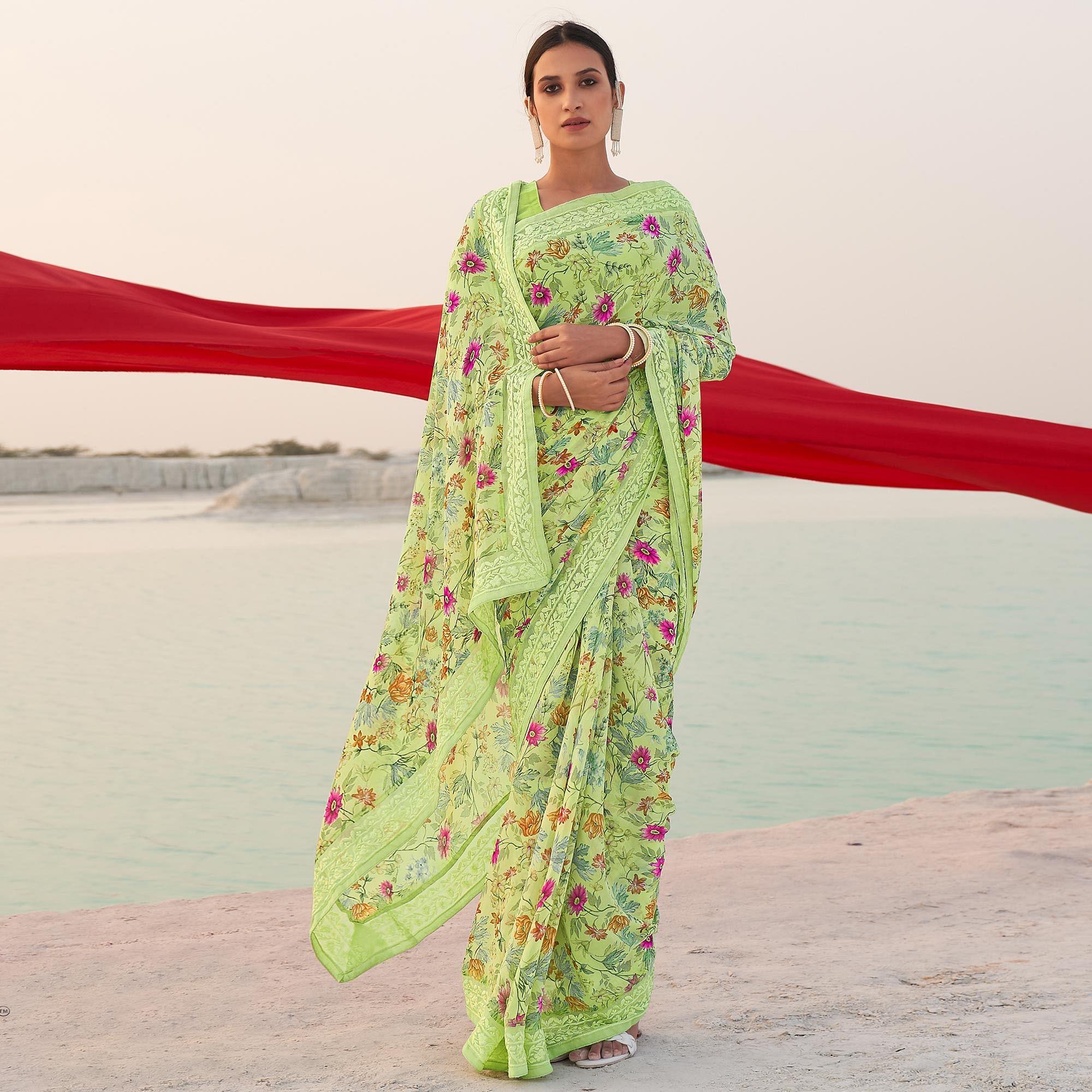 Green Casual Wear Floral Printed Georgette Saree - Peachmode