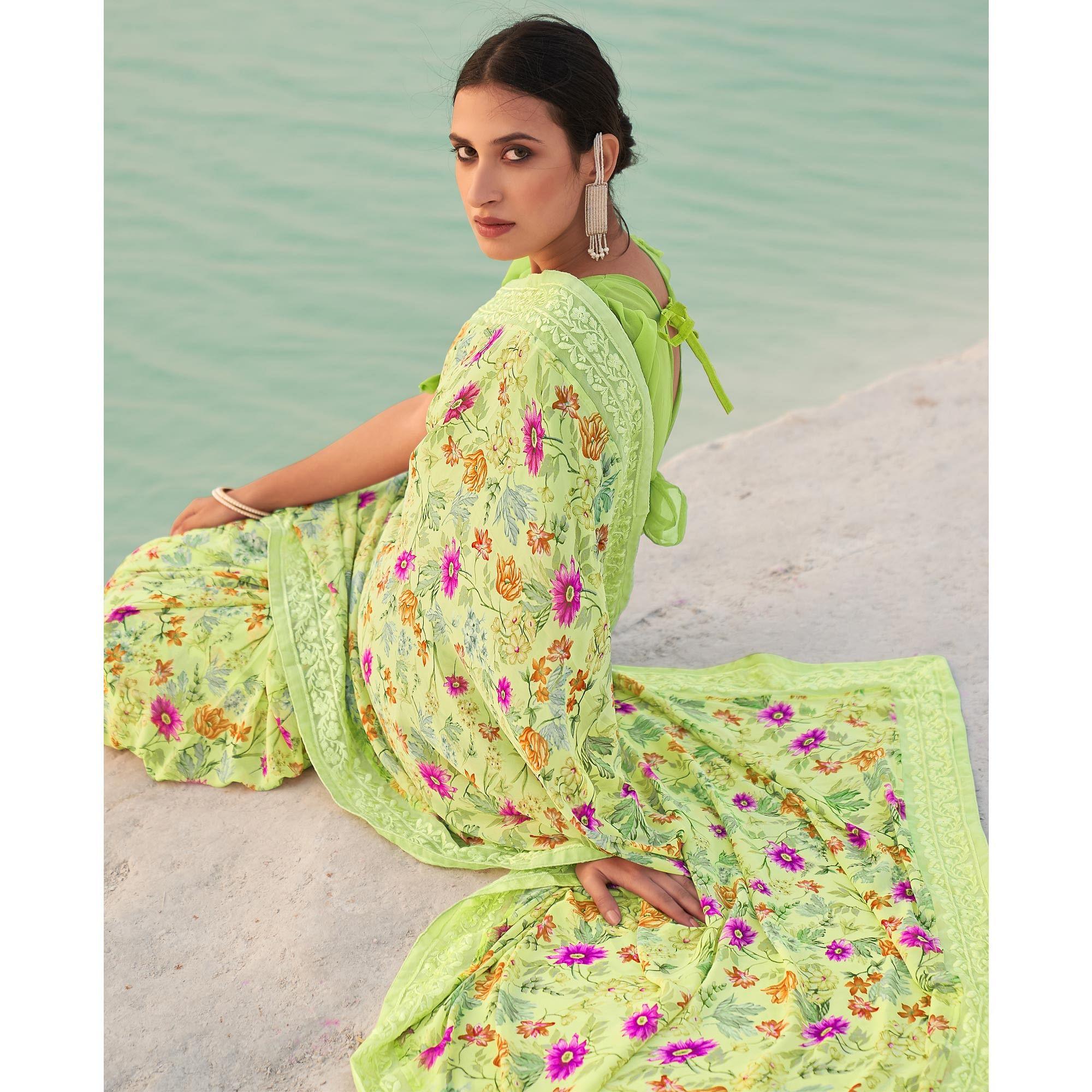 Green Casual Wear Floral Printed Georgette Saree - Peachmode