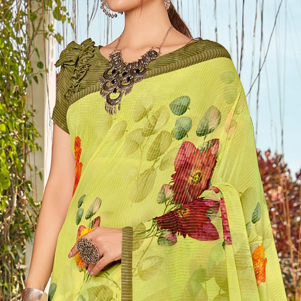Green Casual Wear Floral Printed Georgette Saree - Peachmode