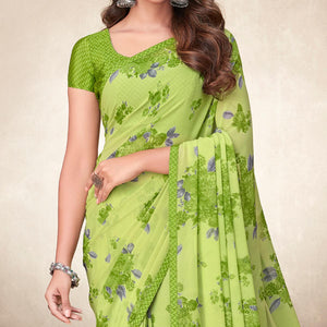 Green Casual Wear Floral Printed Georgette Saree - Peachmode
