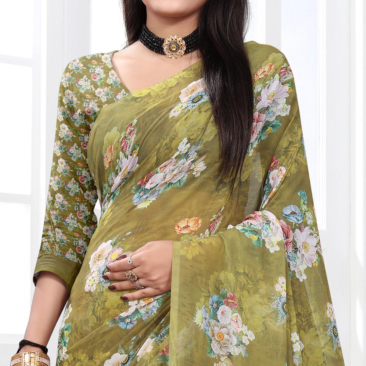 Green Casual Wear Floral Printed Georgette Saree - Peachmode