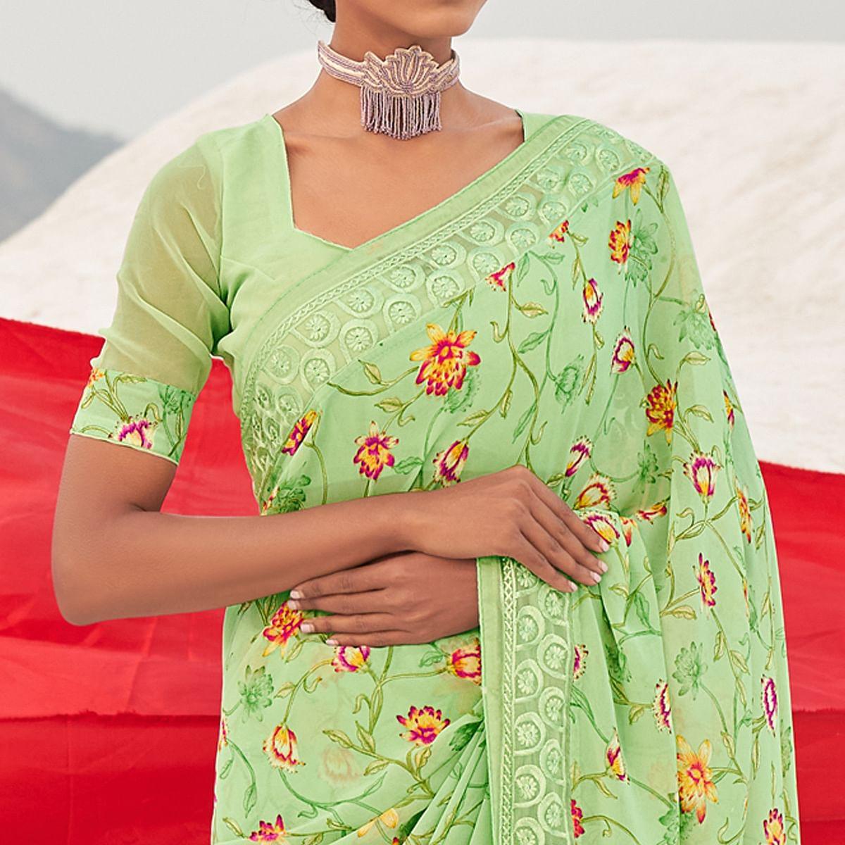 Green Casual Wear Floral Printed Georgette Saree - Peachmode