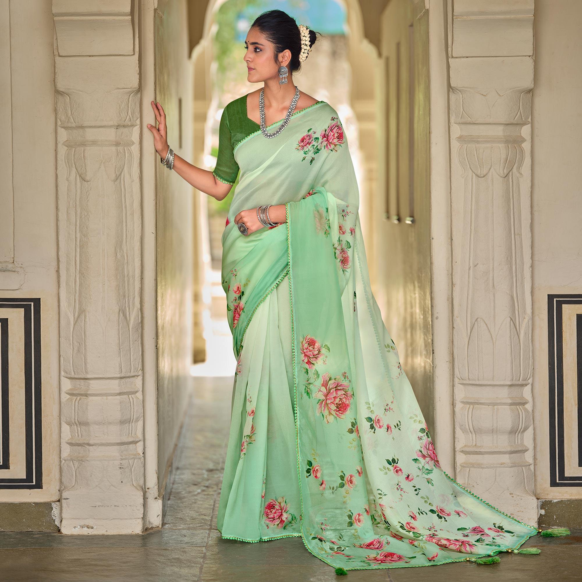 Green Casual Wear Floral Printed Heavy Organza Silk Saree - Peachmode