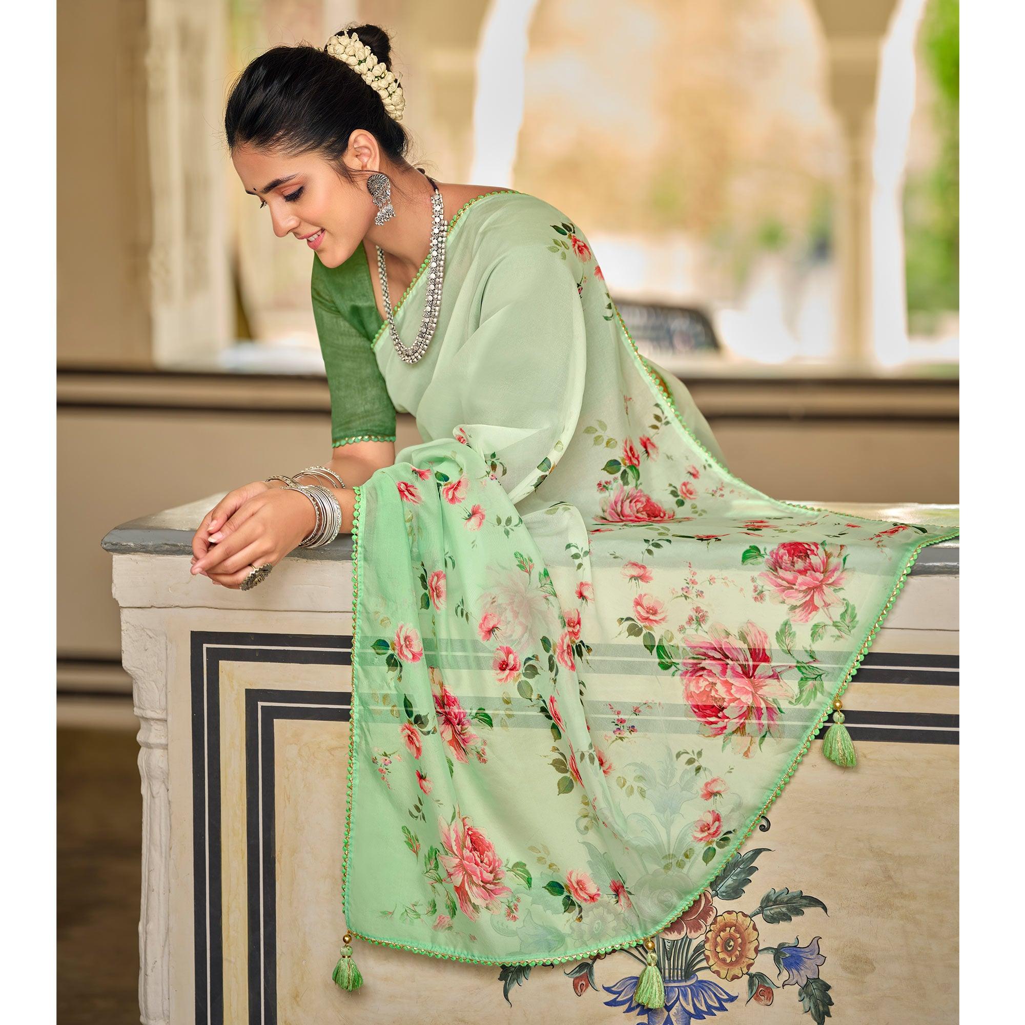 Green Casual Wear Floral Printed Heavy Organza Silk Saree - Peachmode