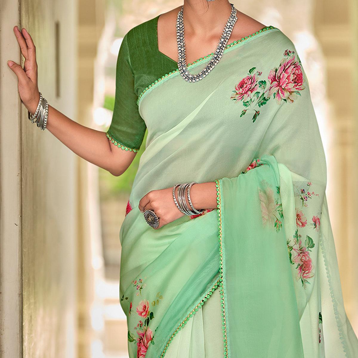 Green Casual Wear Floral Printed Heavy Organza Silk Saree - Peachmode