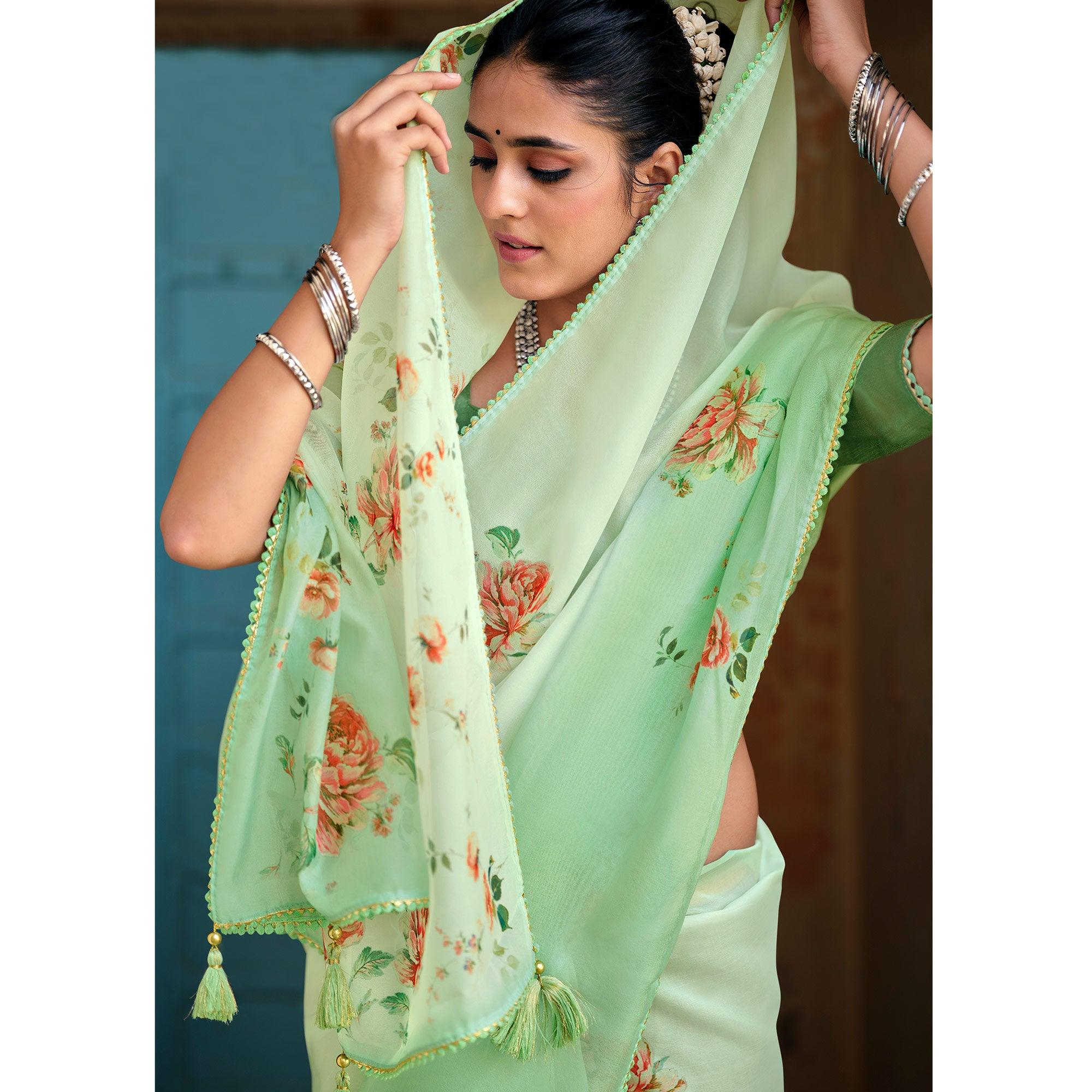 Green Casual Wear Floral Printed Heavy Organza Silk Saree - Peachmode