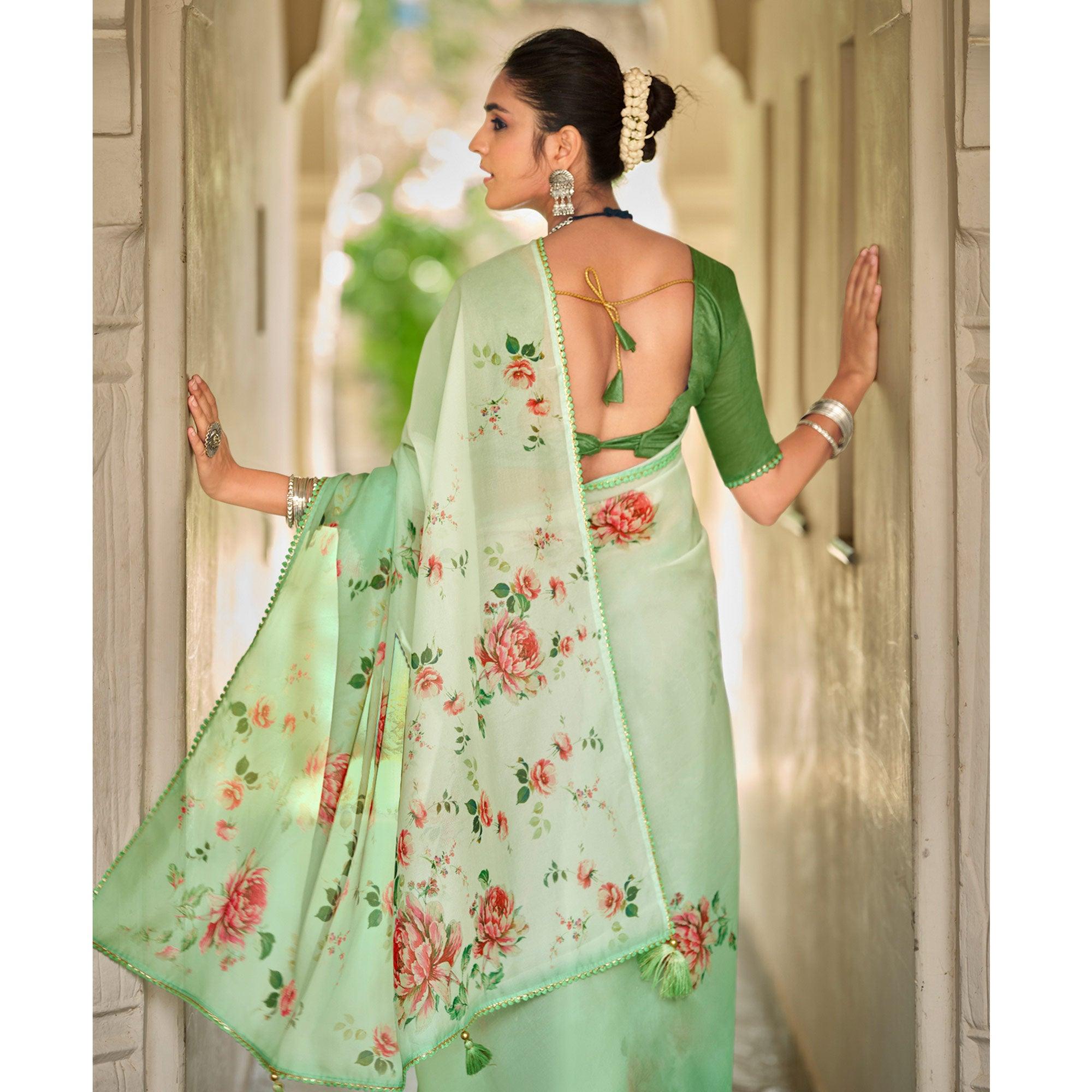 Green Casual Wear Floral Printed Heavy Organza Silk Saree - Peachmode