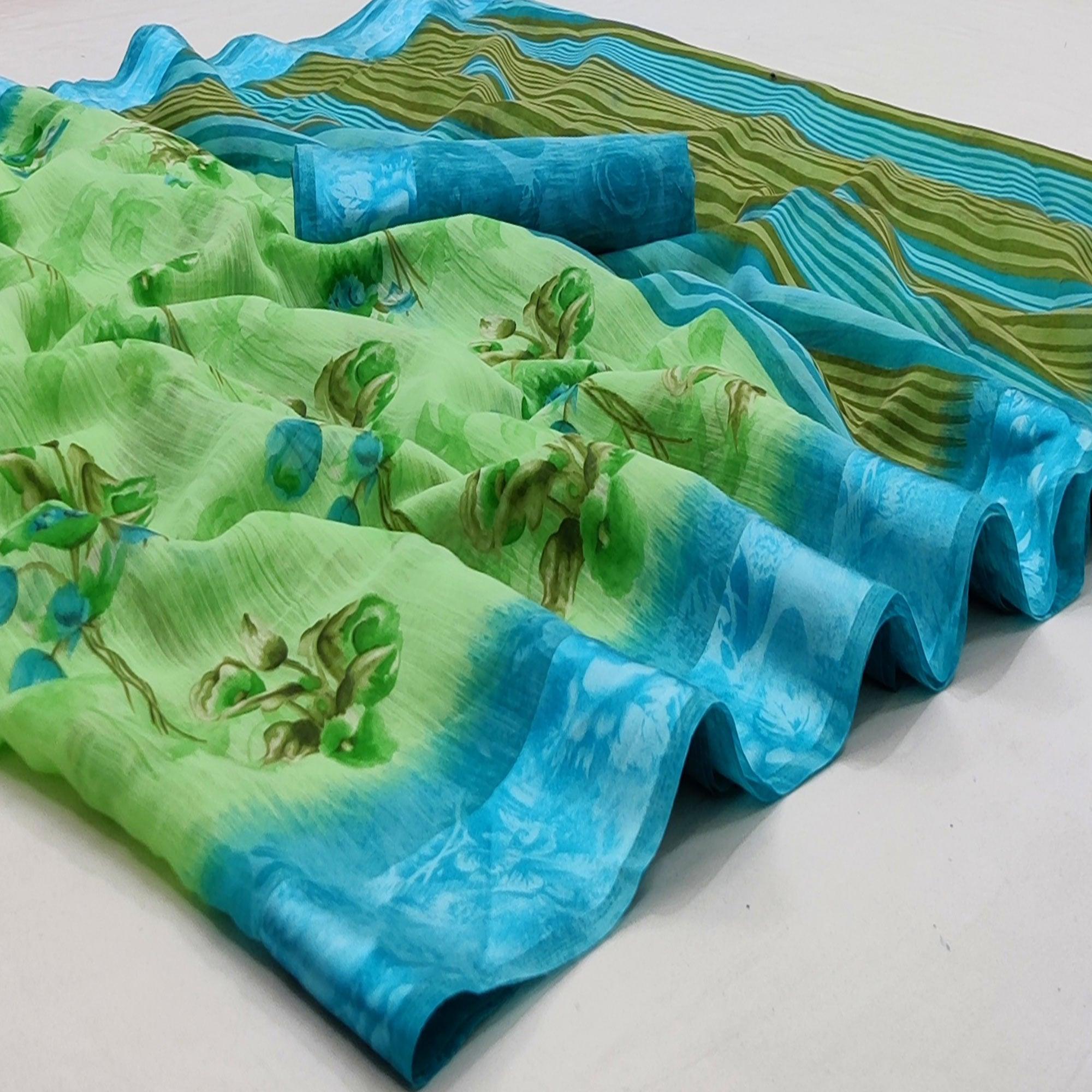 Green Casual Wear Floral Printed Linen-Satin Saree - Peachmode