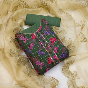 Green Casual Wear Floral Printed With Checks Chanderi Dress Material - Peachmode