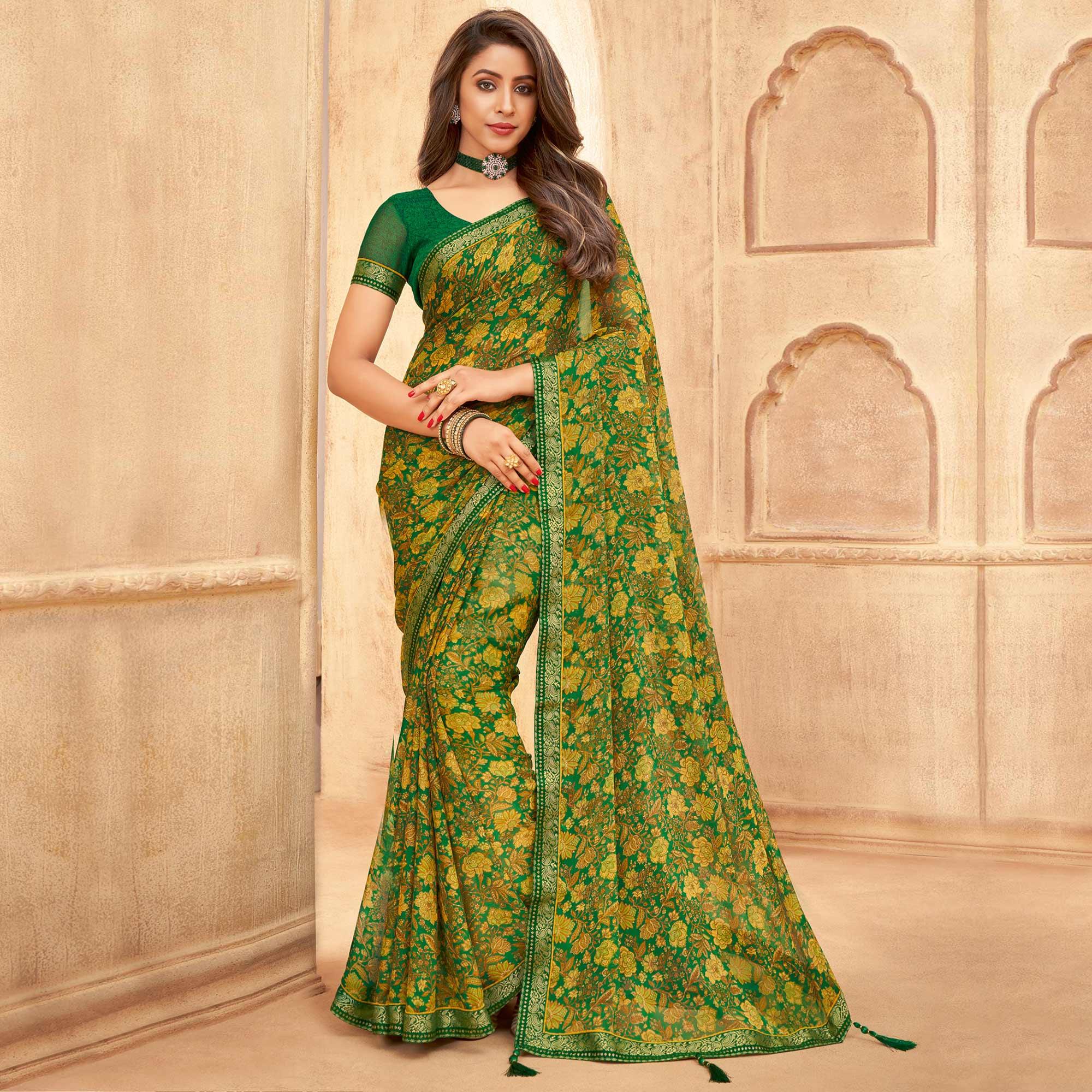 Green Casual Wear Floral Printed with Tassels Chiffon Saree - Peachmode