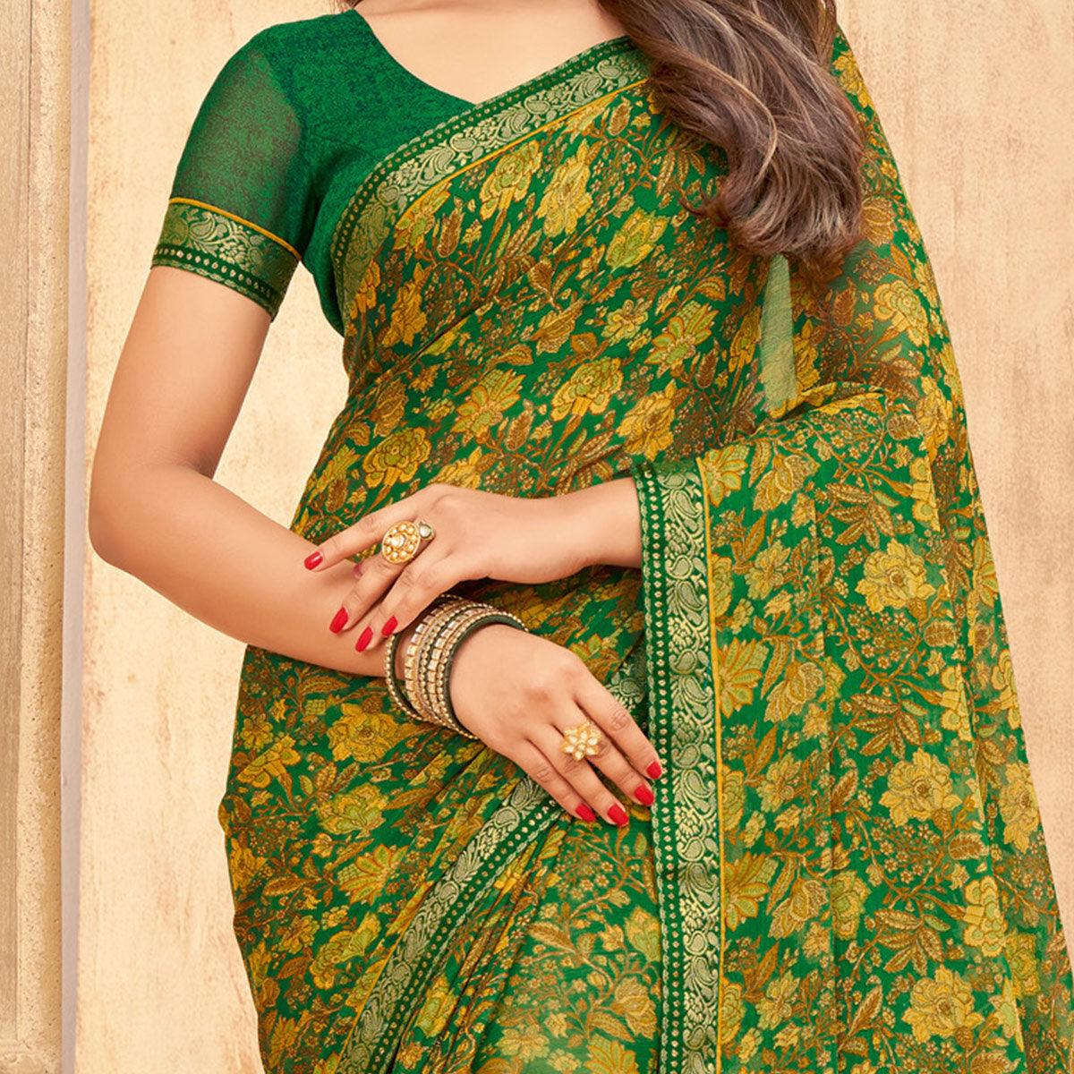 Green Casual Wear Floral Printed with Tassels Chiffon Saree - Peachmode