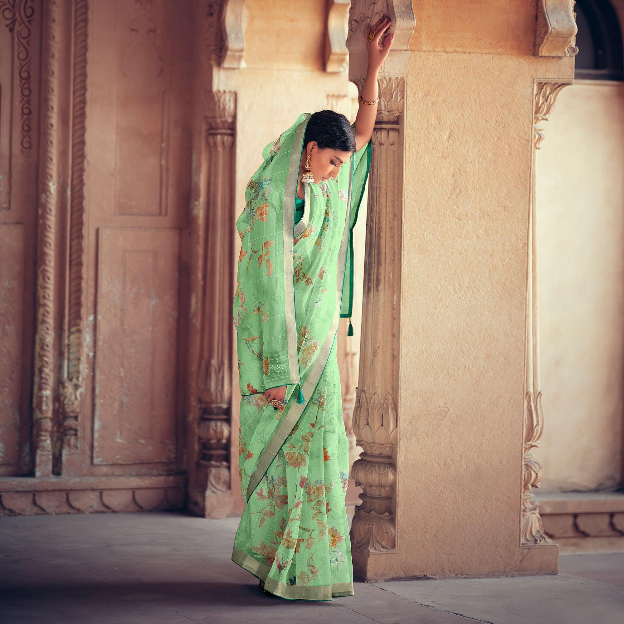 Green Casual Wear Floral Printed With Weaving Sequence Organza Saree - Peachmode
