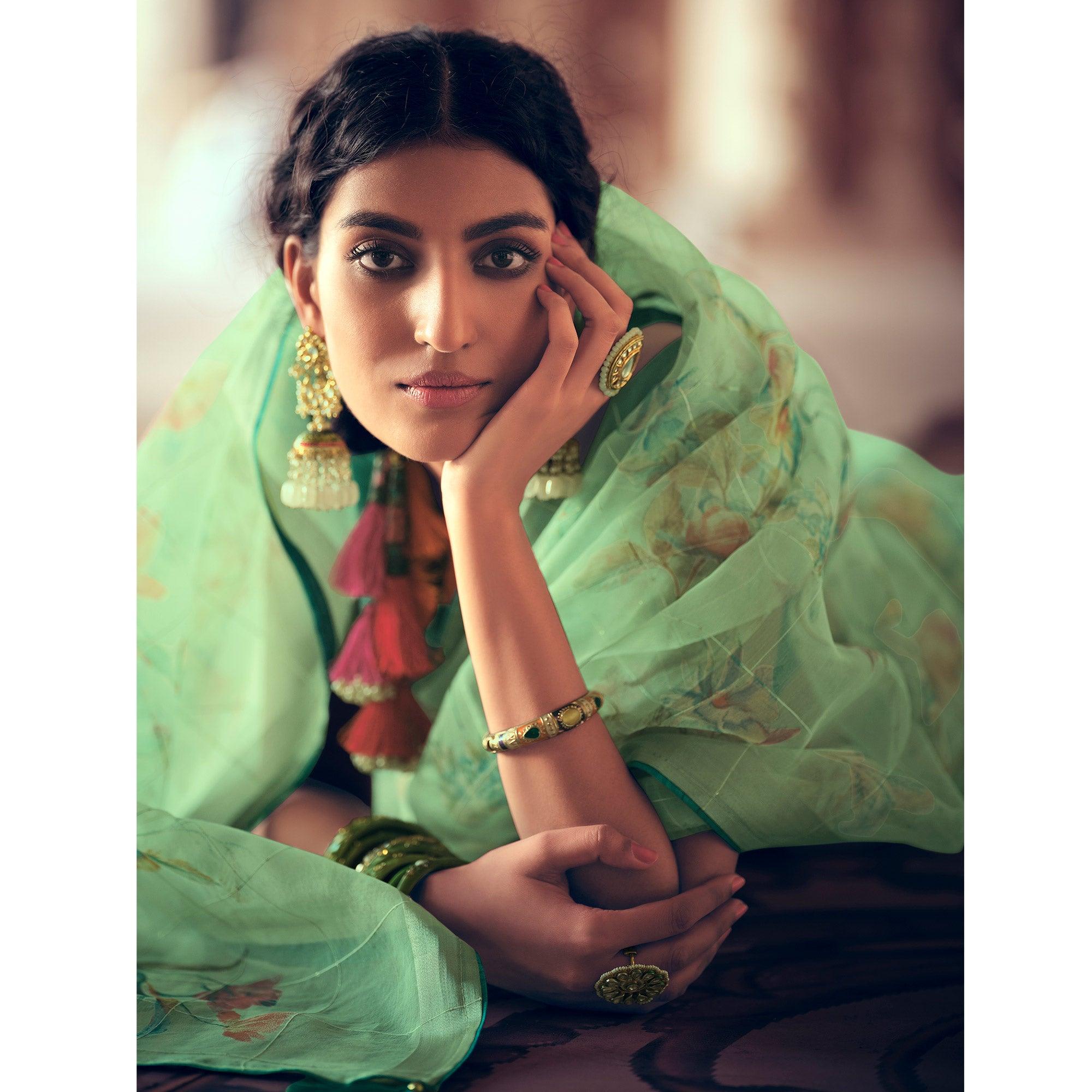Green Casual Wear Floral Printed With Weaving Sequence Organza Saree - Peachmode