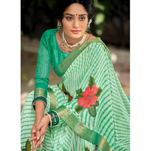 Green Casual Wear Floral With Striped Printed Georgette Saree - Peachmode