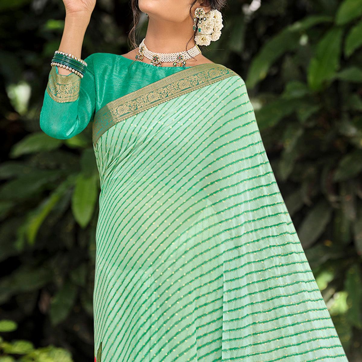 Green Casual Wear Floral With Striped Printed Georgette Saree - Peachmode