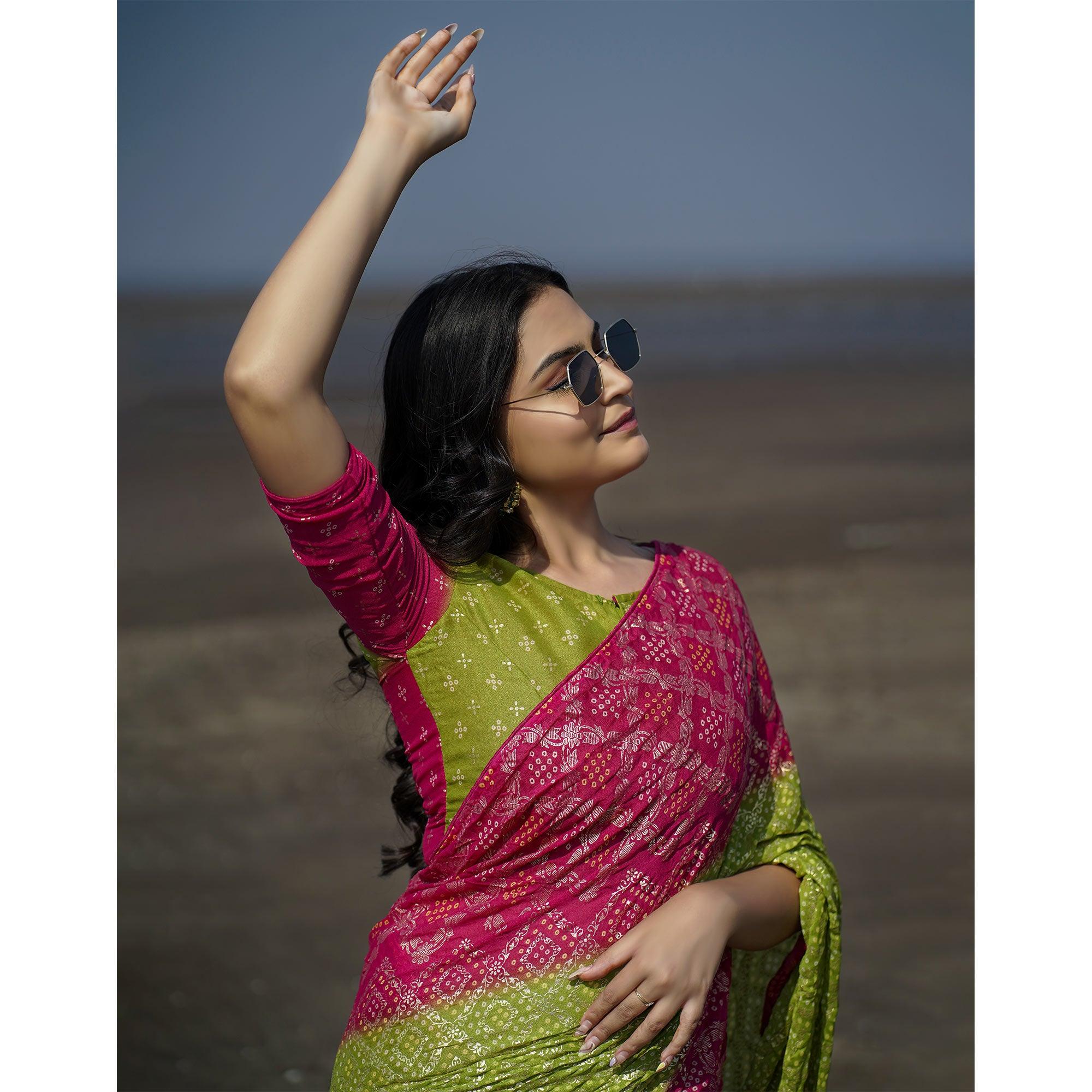 Green Casual Wear Foil Printed Crepe Saree - Peachmode