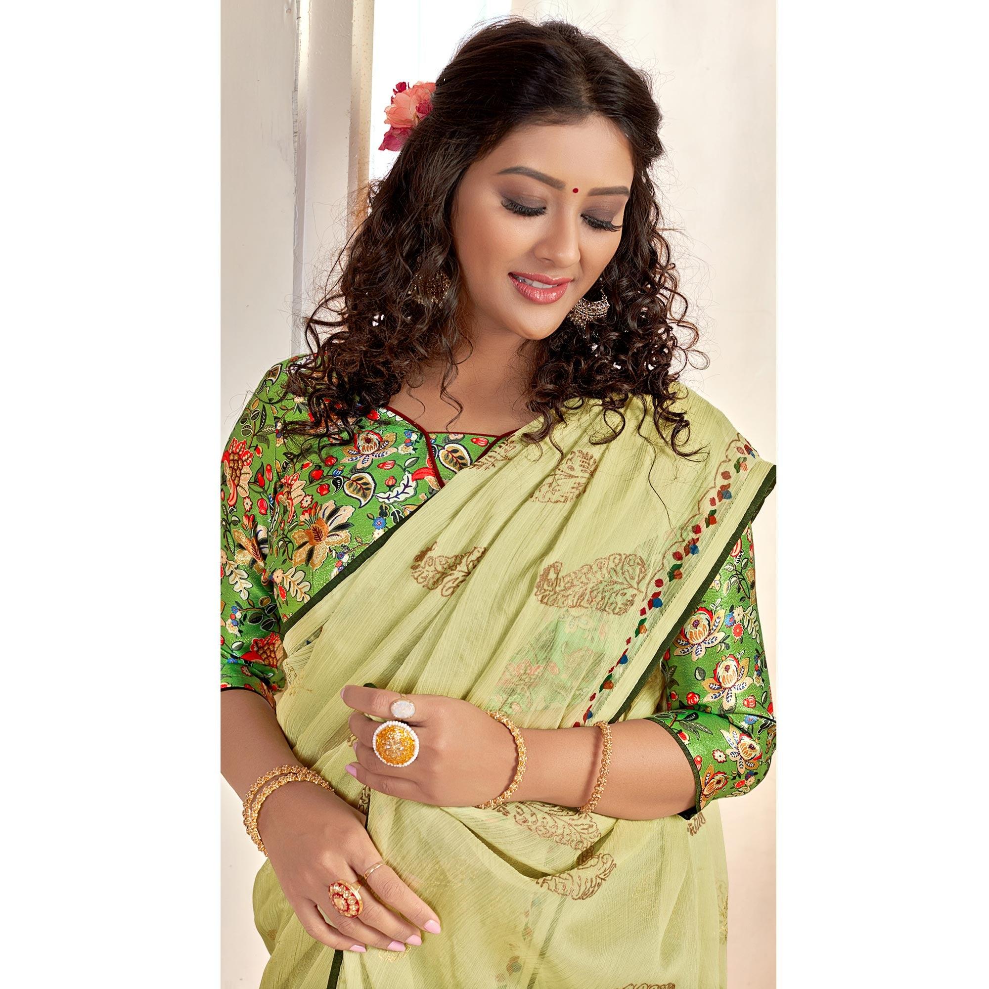 Green Casual Wear Foil Printed Pure Chiffon Saree - Peachmode