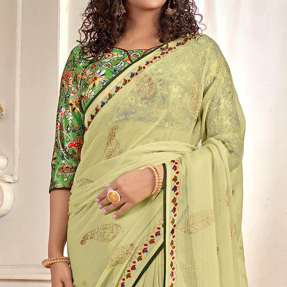 Green Casual Wear Foil Printed Pure Chiffon Saree - Peachmode