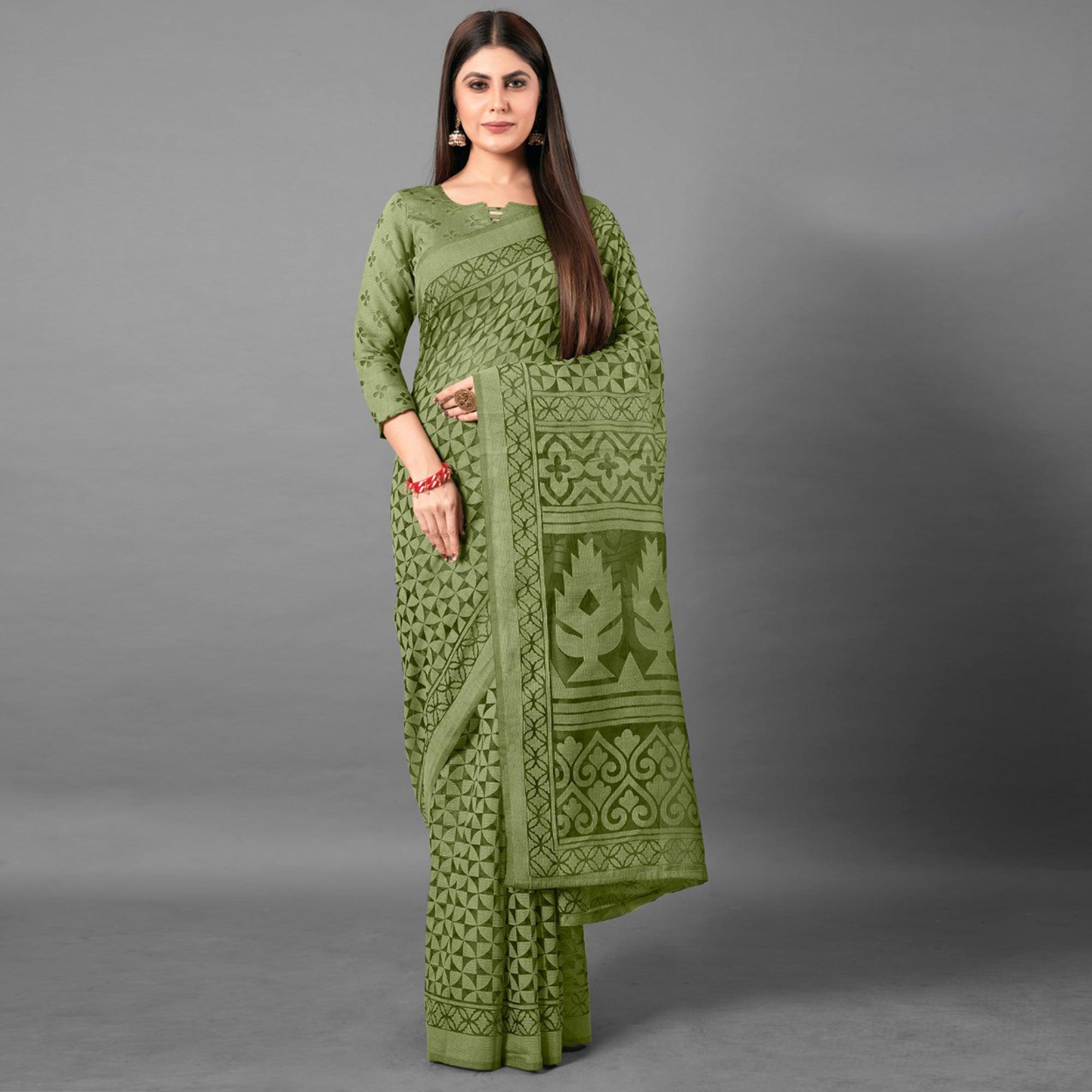 Green Casual Wear Geometric Brasso Saree - Peachmode