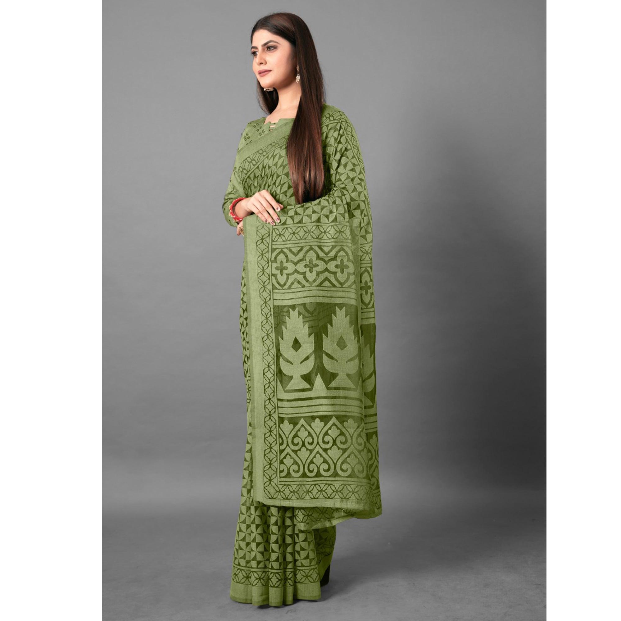 Green Casual Wear Geometric Brasso Saree - Peachmode