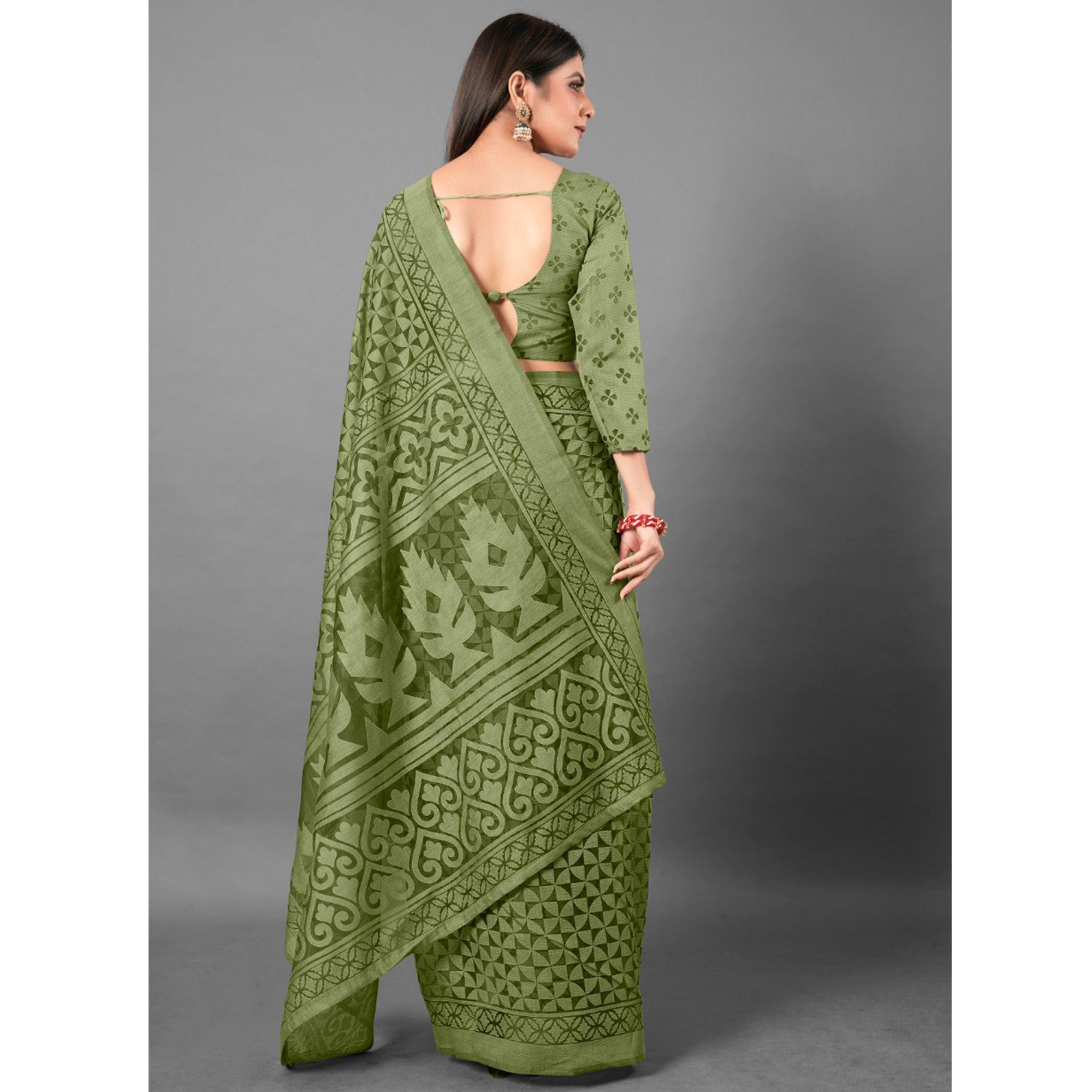 Green Casual Wear Geometric Brasso Saree - Peachmode