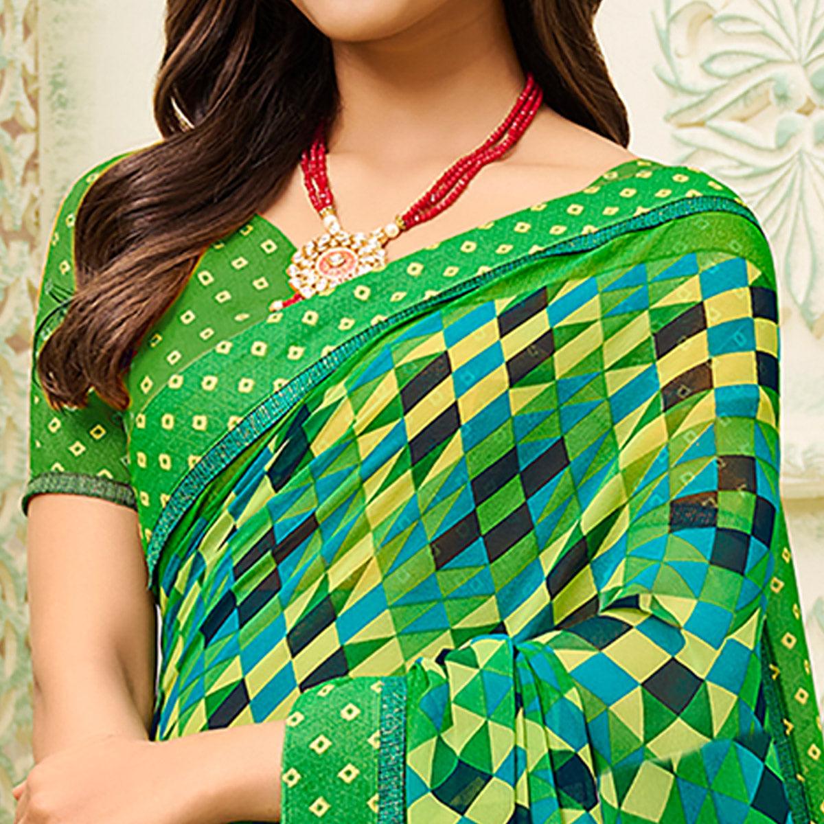 Green Casual Wear Geometric Printed Georgette Saree - Peachmode