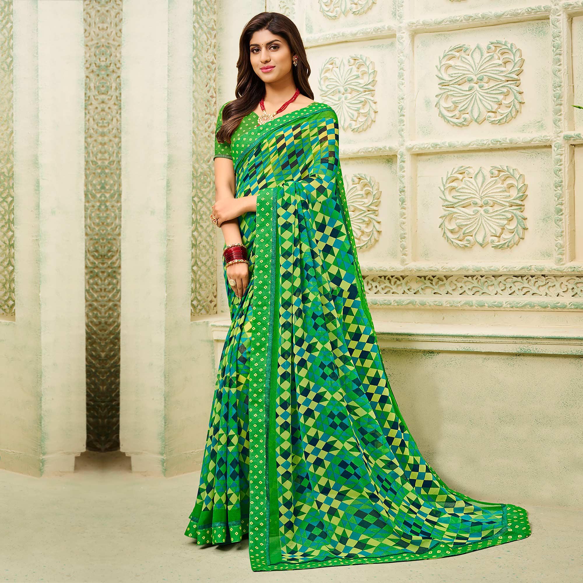Green Casual Wear Geometric Printed Georgette Saree - Peachmode