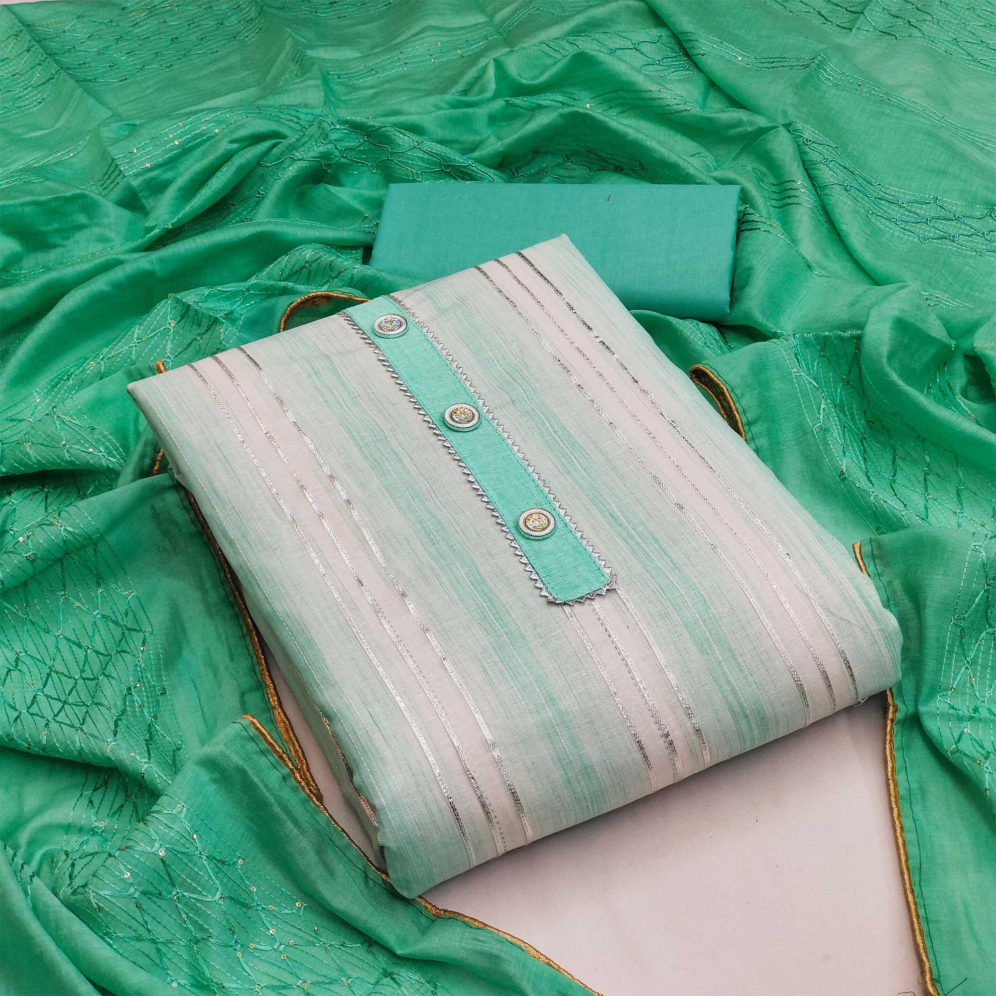 Green Casual Wear Gota Patti Work Cotton Dress Material - Peachmode