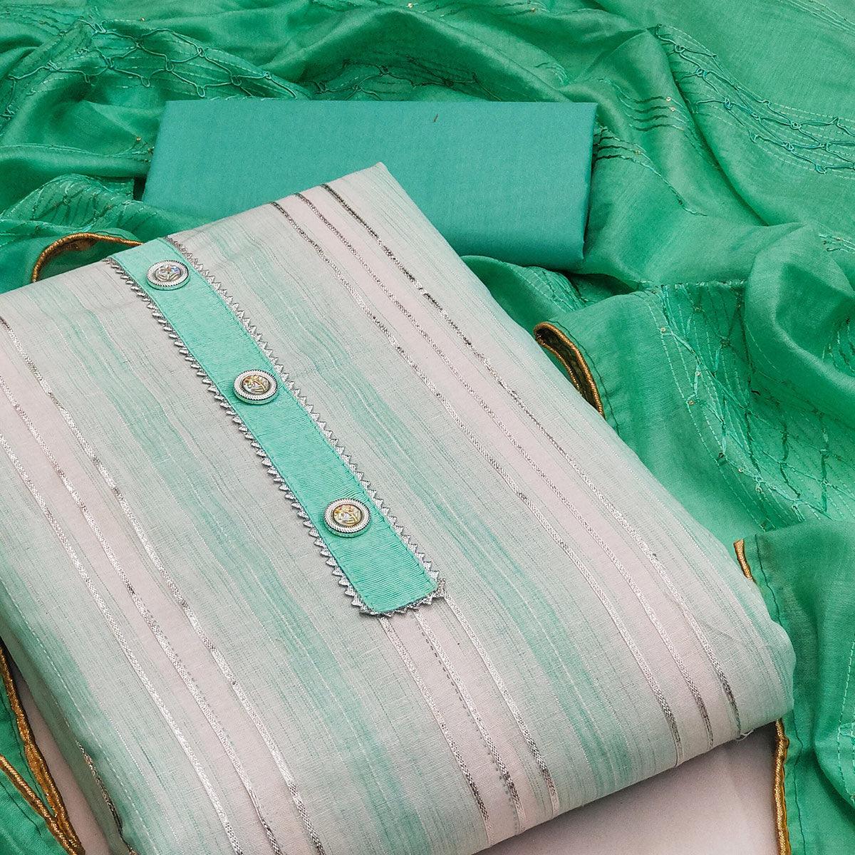 Green Casual Wear Gota Patti Work Cotton Dress Material - Peachmode