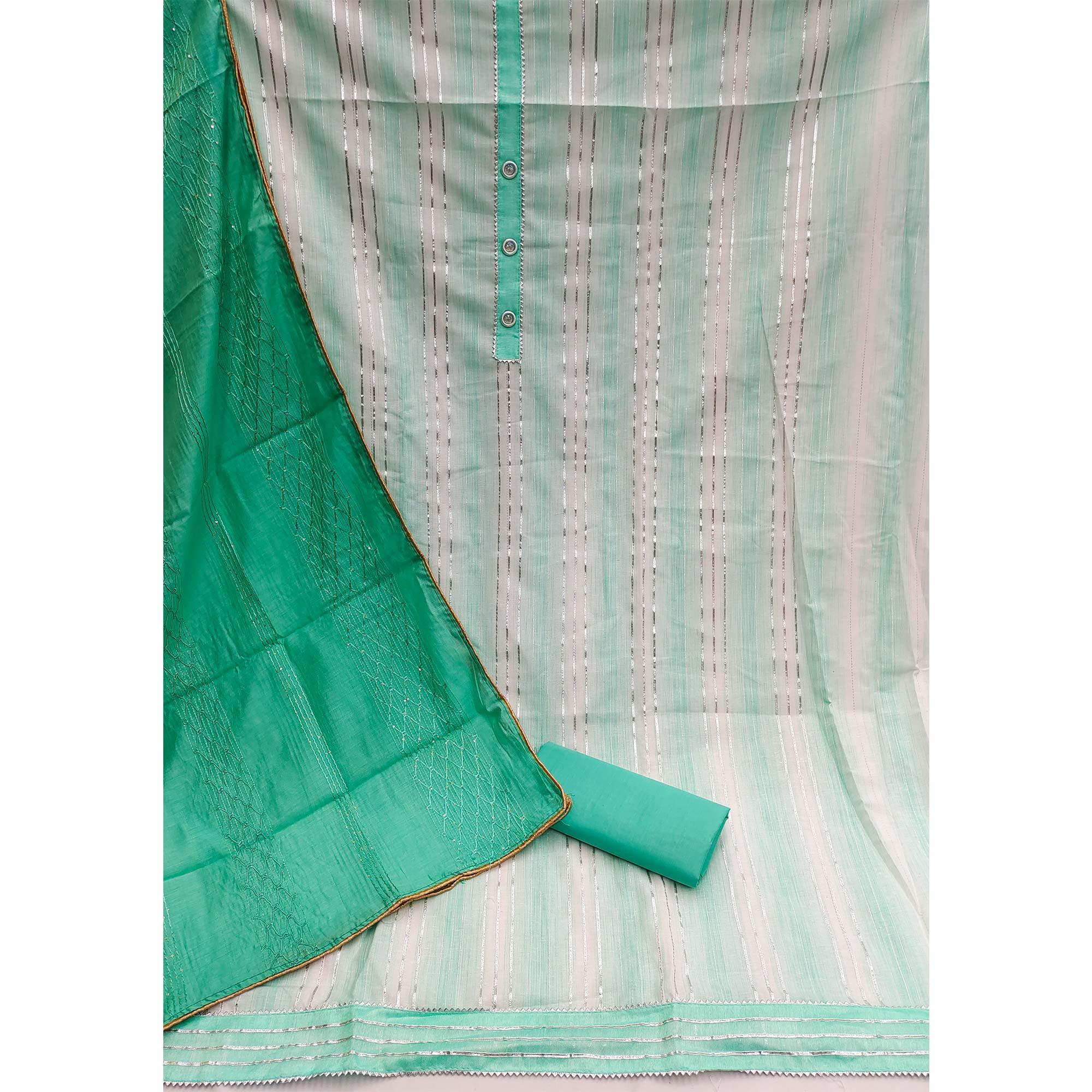 Green Casual Wear Gota Patti Work Cotton Dress Material - Peachmode