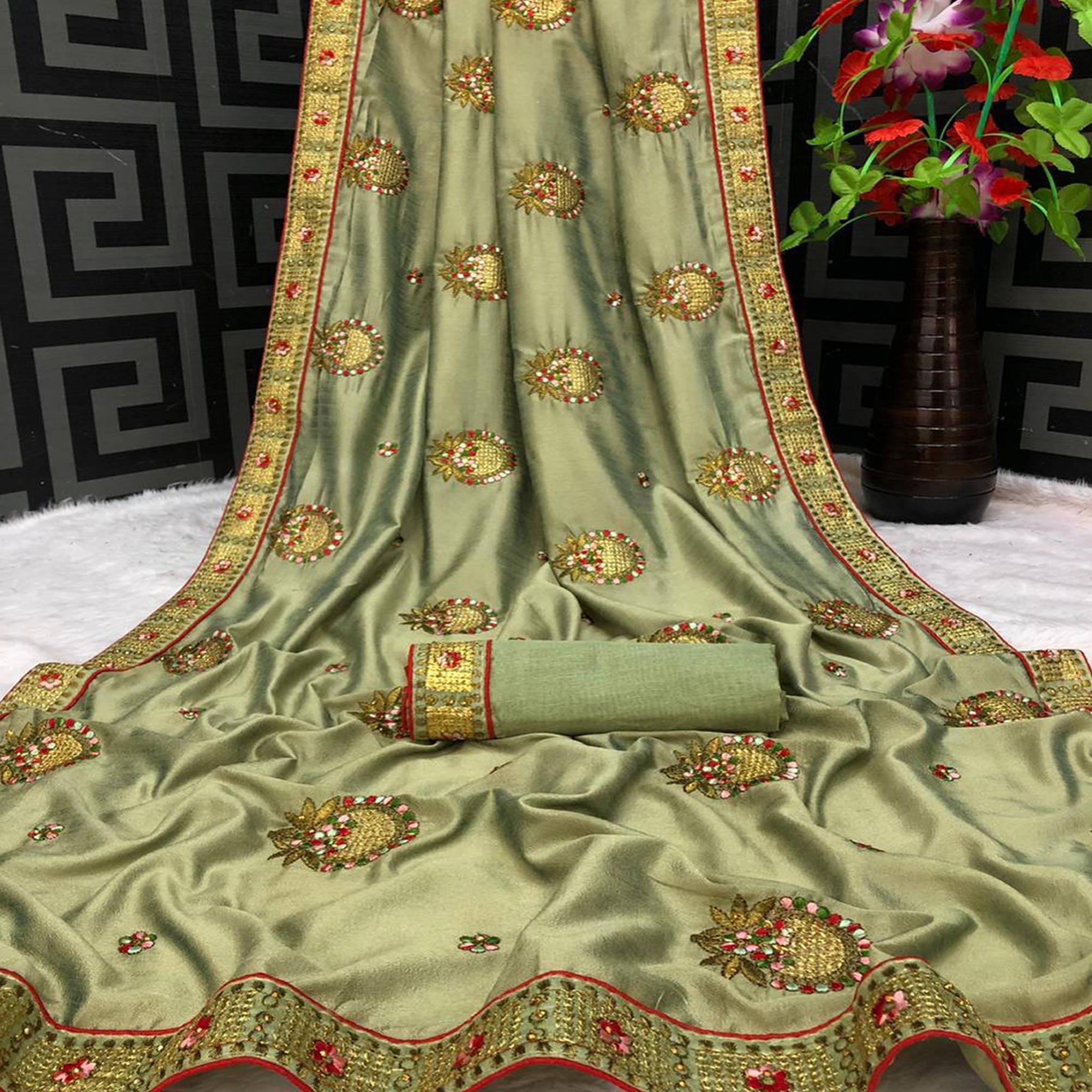 Green Casual Wear Heavy Embroidered & Stone Work Silk Saree - Peachmode