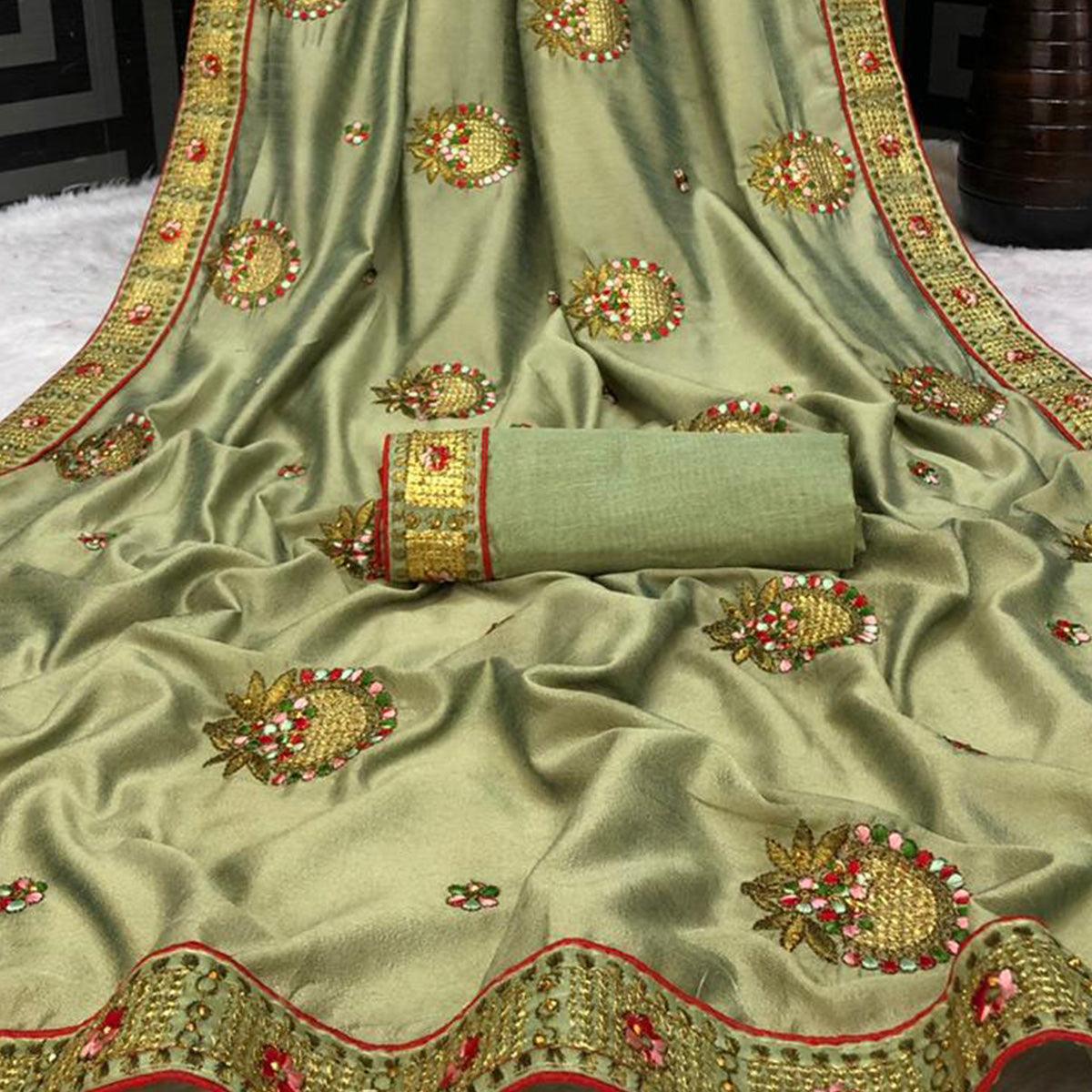 Green Casual Wear Heavy Embroidered & Stone Work Silk Saree - Peachmode