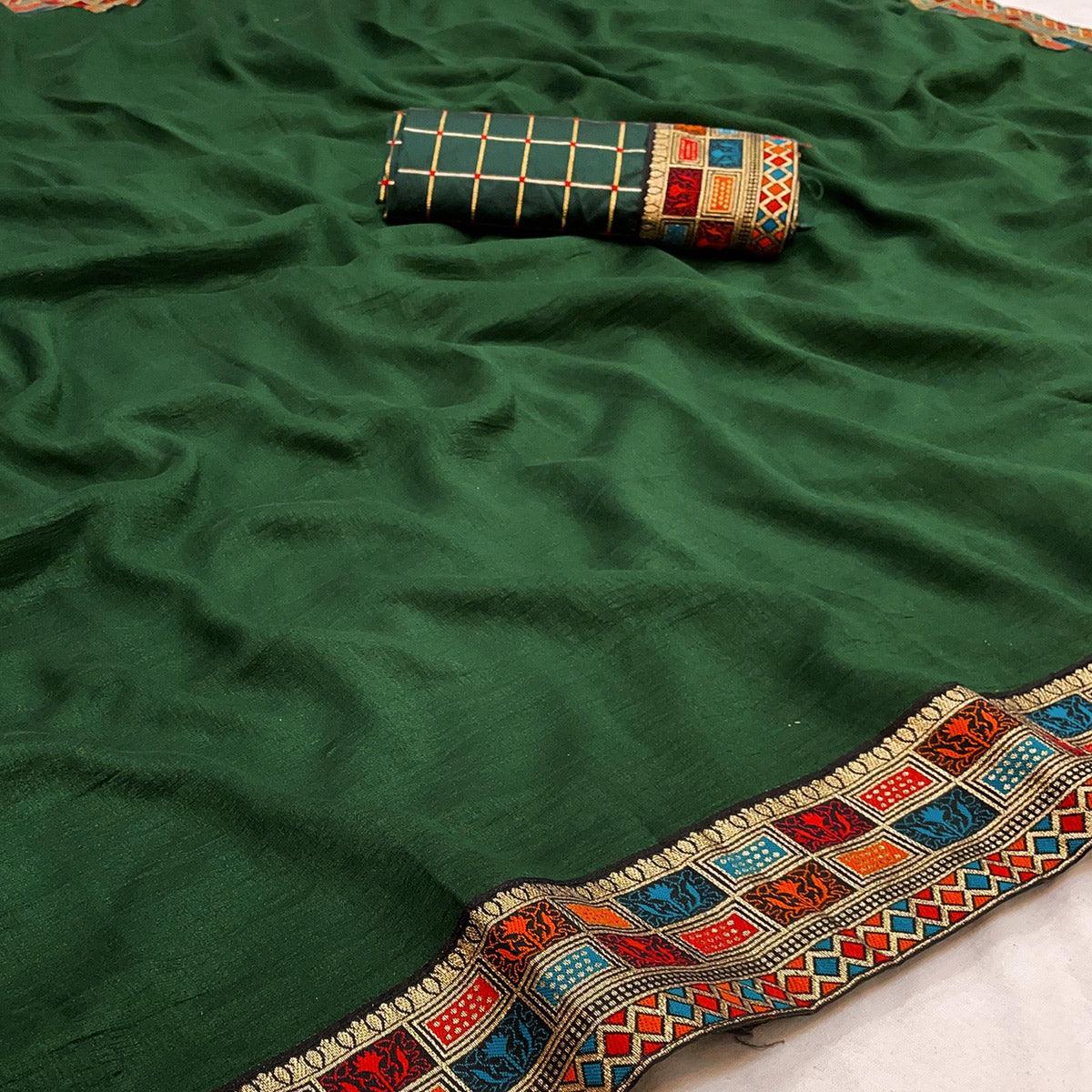 Green Casual Wear Jacquard Lace Border Silk Saree With Tassels - Peachmode