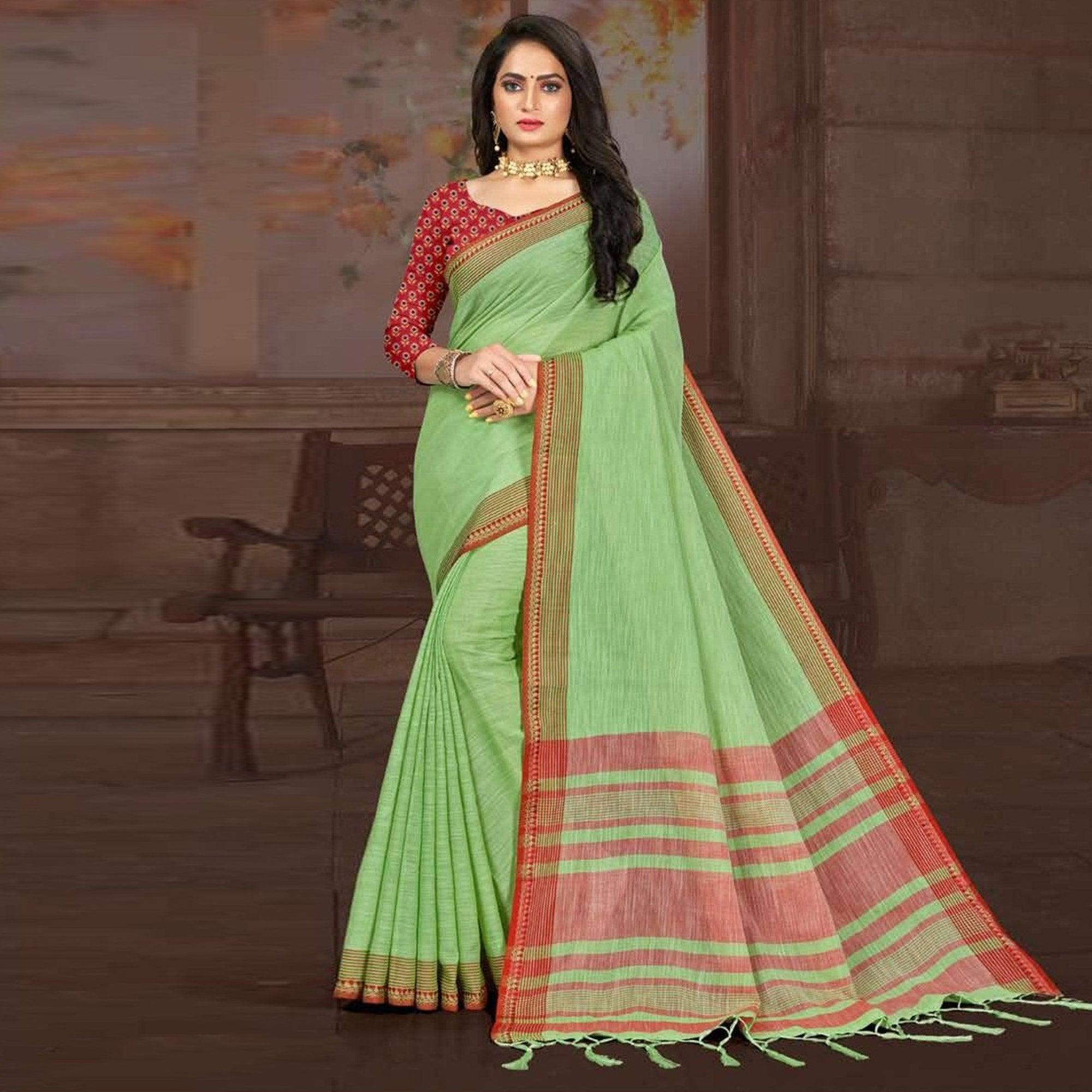 Green Casual Wear Jari Border And Pallu Linen Saree - Peachmode