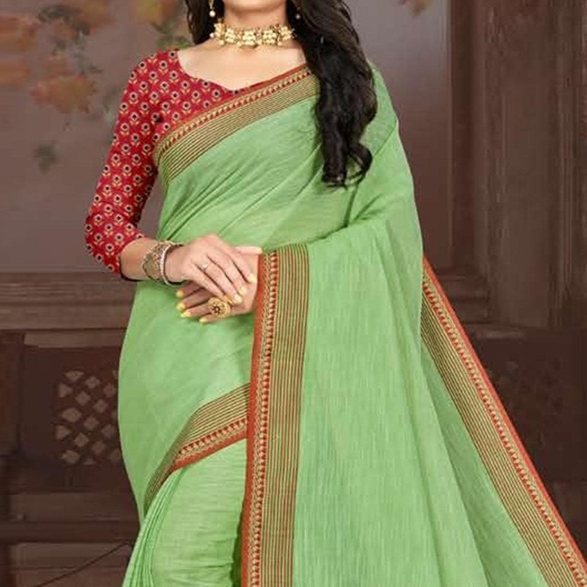Green Casual Wear Jari Border And Pallu Linen Saree - Peachmode