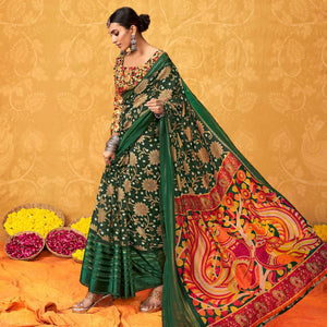 Green Casual Wear KalamKari Block Printed Cotton Satin Saree - Peachmode