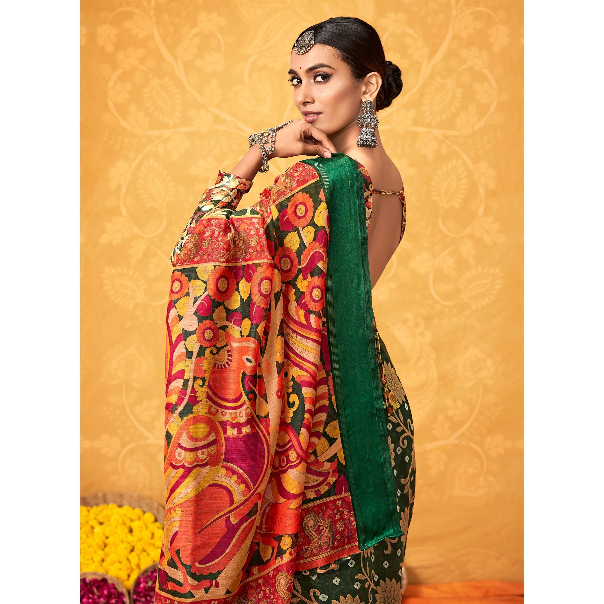 Green Casual Wear KalamKari Block Printed Cotton Satin Saree - Peachmode