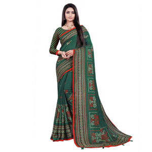 Green Casual Wear Print With Mirror Work Jute Saree - Peachmode