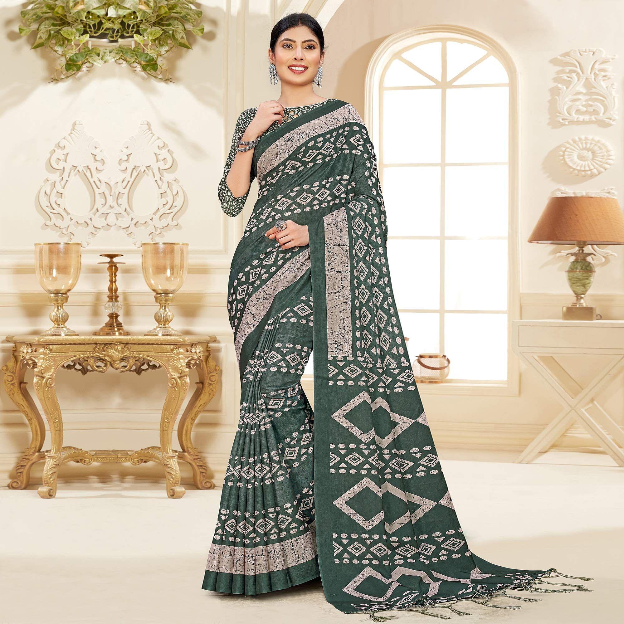 Green Casual Wear Printed Art Silk Saree - Peachmode