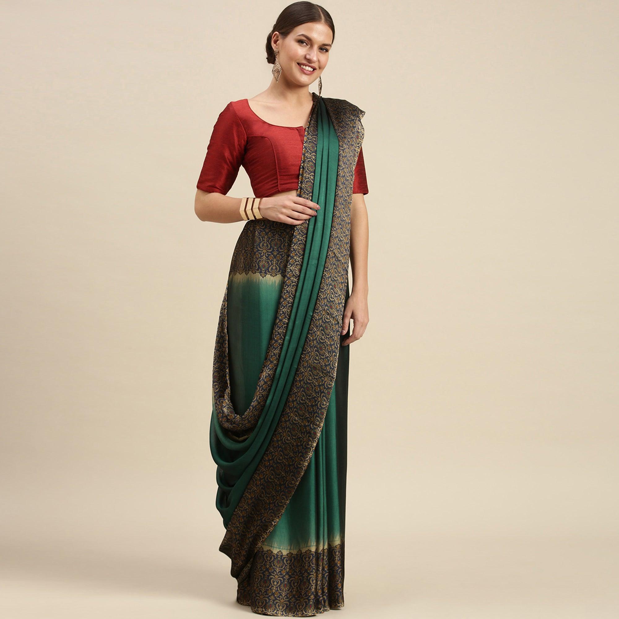 Green Casual Wear Printed Art Silk Saree - Peachmode