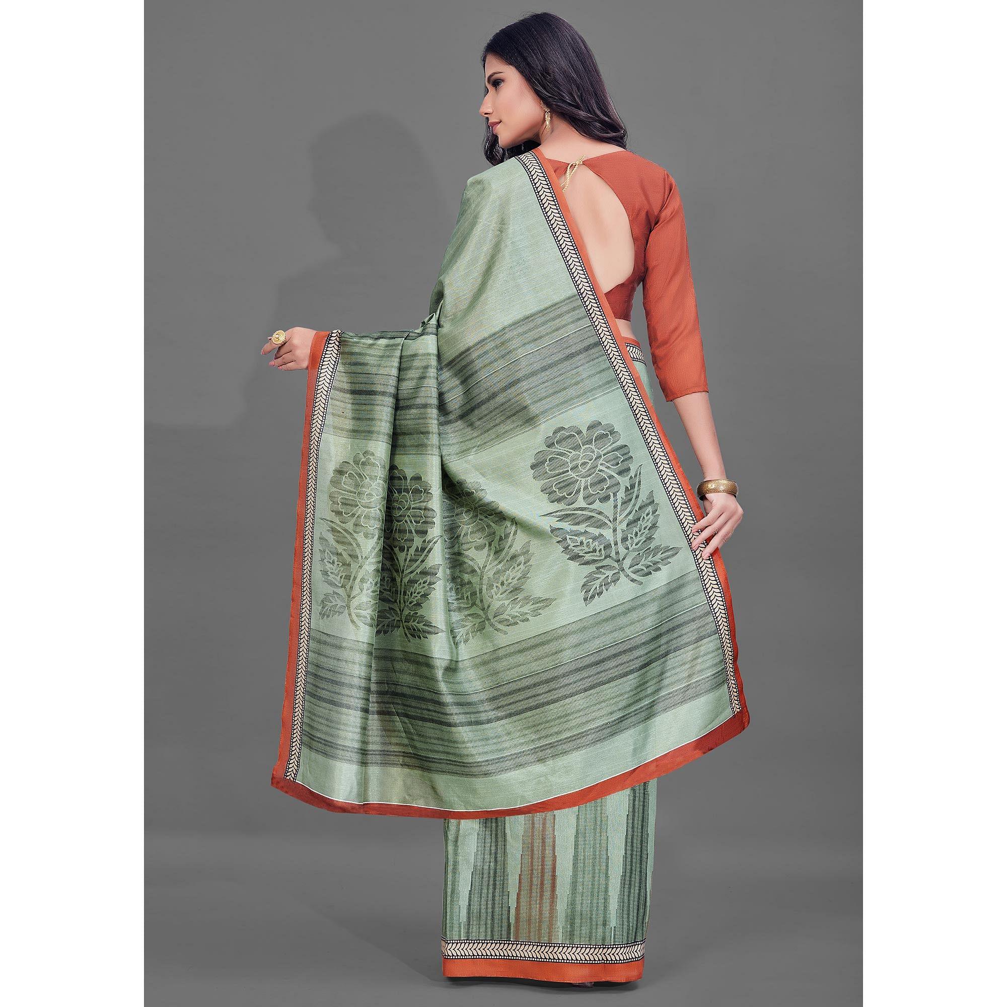 Green Casual Wear Printed Bhagalpuri Silk Saree - Peachmode