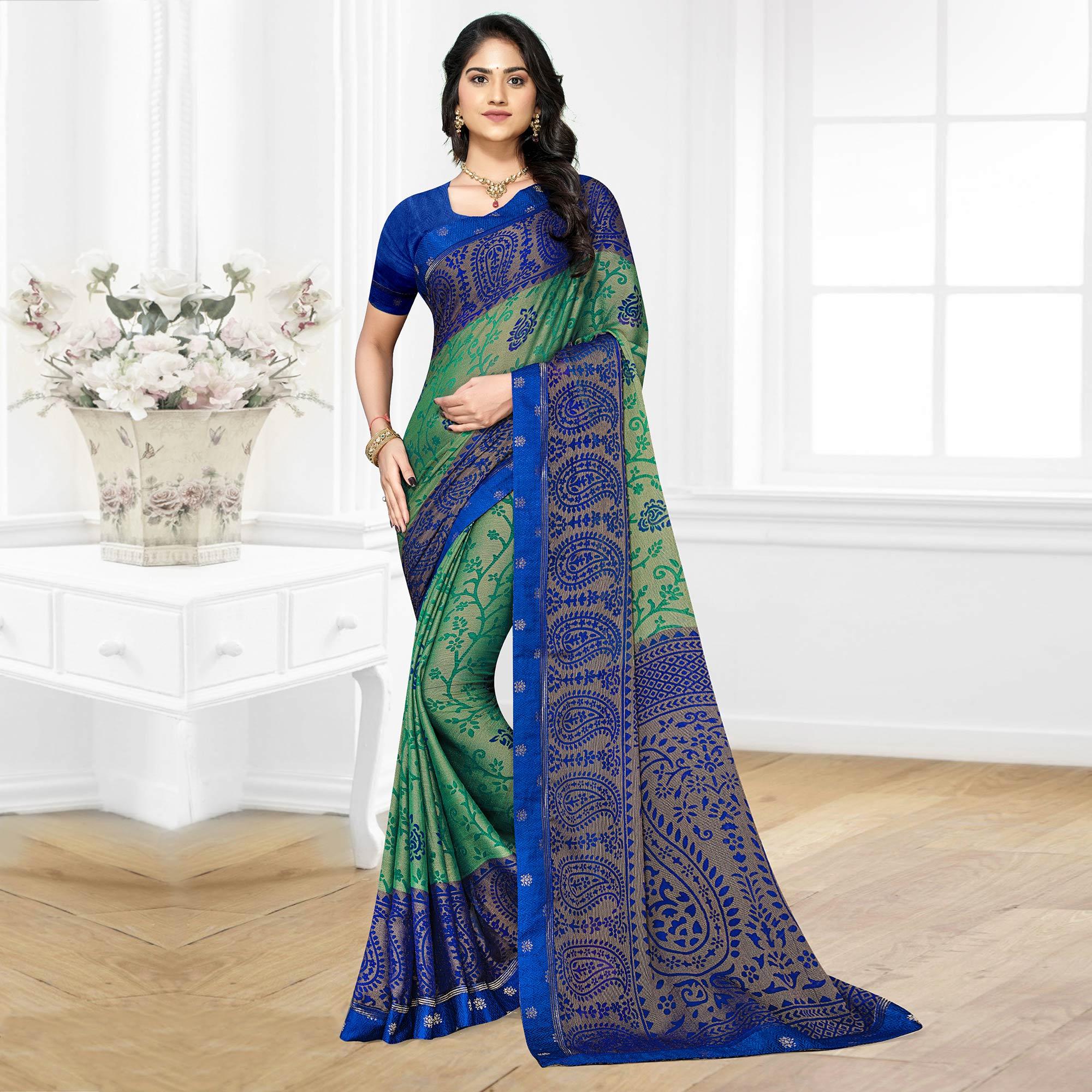 Green Casual Wear Printed Brasso Chiffon Saree - Peachmode