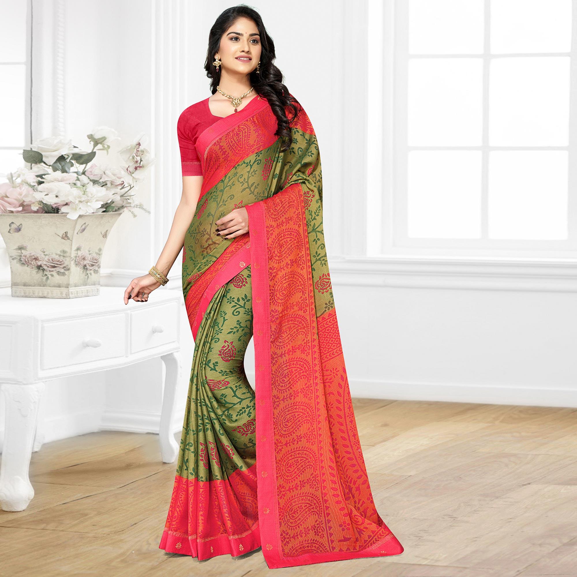 Green Casual Wear Printed Brasso Chiffon Saree - Peachmode