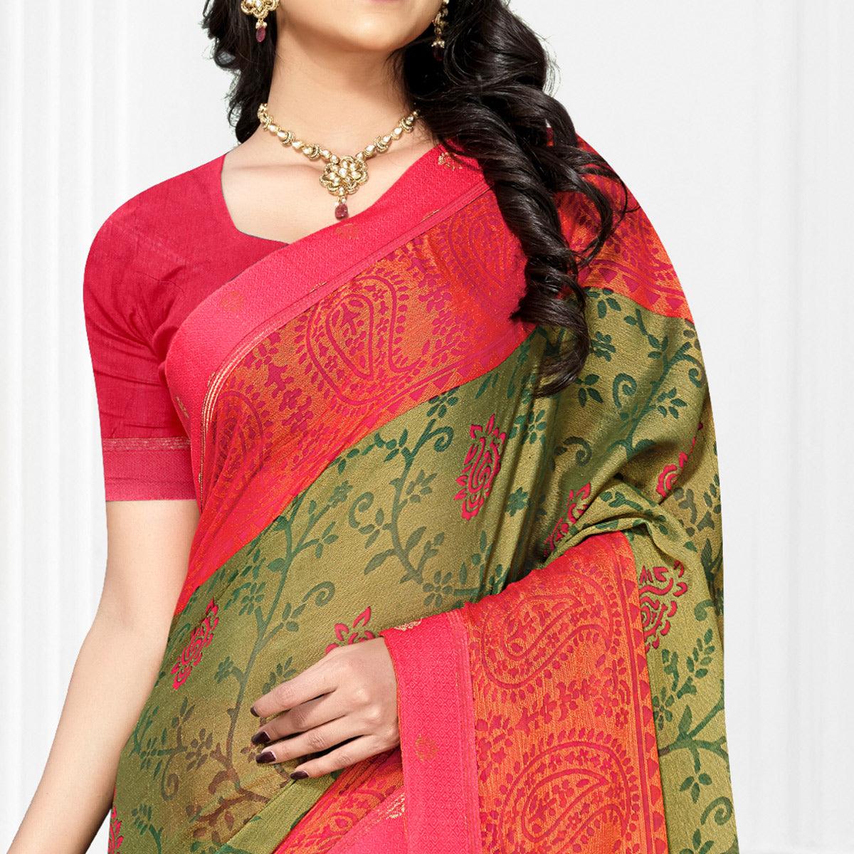 Green Casual Wear Printed Brasso Chiffon Saree - Peachmode