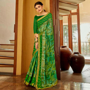 Green Casual Wear Printed Brasso Saree - Peachmode