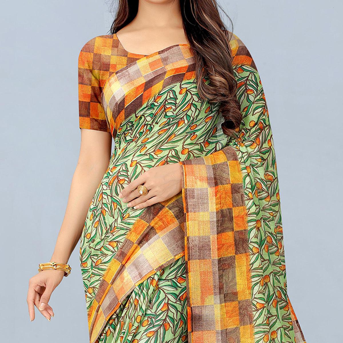 Green Casual Wear Printed Chanderi Silk Saree - Peachmode