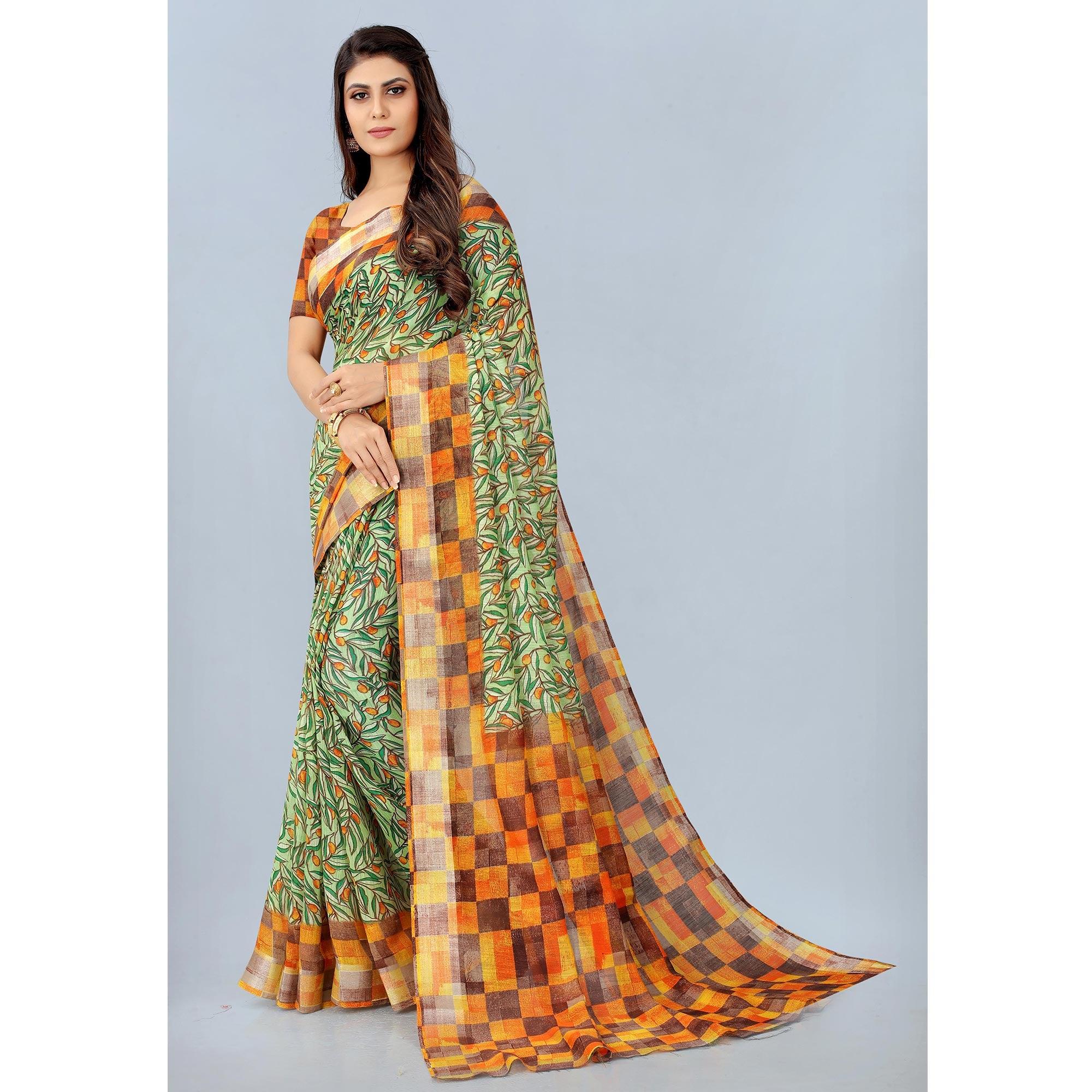 Green Casual Wear Printed Chanderi Silk Saree - Peachmode