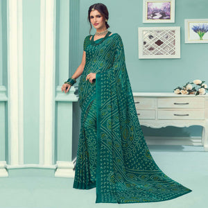 Green Casual Wear Printed Chiffon Bandhani Saree - Peachmode
